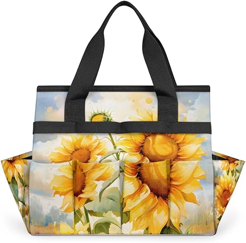 Watercolor Sunflower Garden Tool Tote Bag for Women Men Gardening Tool Storage Bags with 10 Pockets Standable Garden Home Tool Kits Organizer for