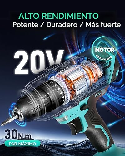 Miniatura 2 de COMOWARE Taladro inalámbrico de 20 V, juego de taladro eléctrico con 1 batería y cargador, portabrocas sin llave de 3/8 pulgadas, 2 velocidades
