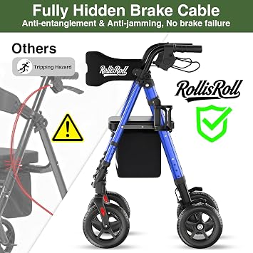 Walkers for Seniors Taller 5.3~7ft, Lightweight Foldable Rollator Walker, Built in Cable, Reinforced Aluminum Frame, 8 Big Rubber Wheels for All Terrain, 350lb Weight Capacity, Blue