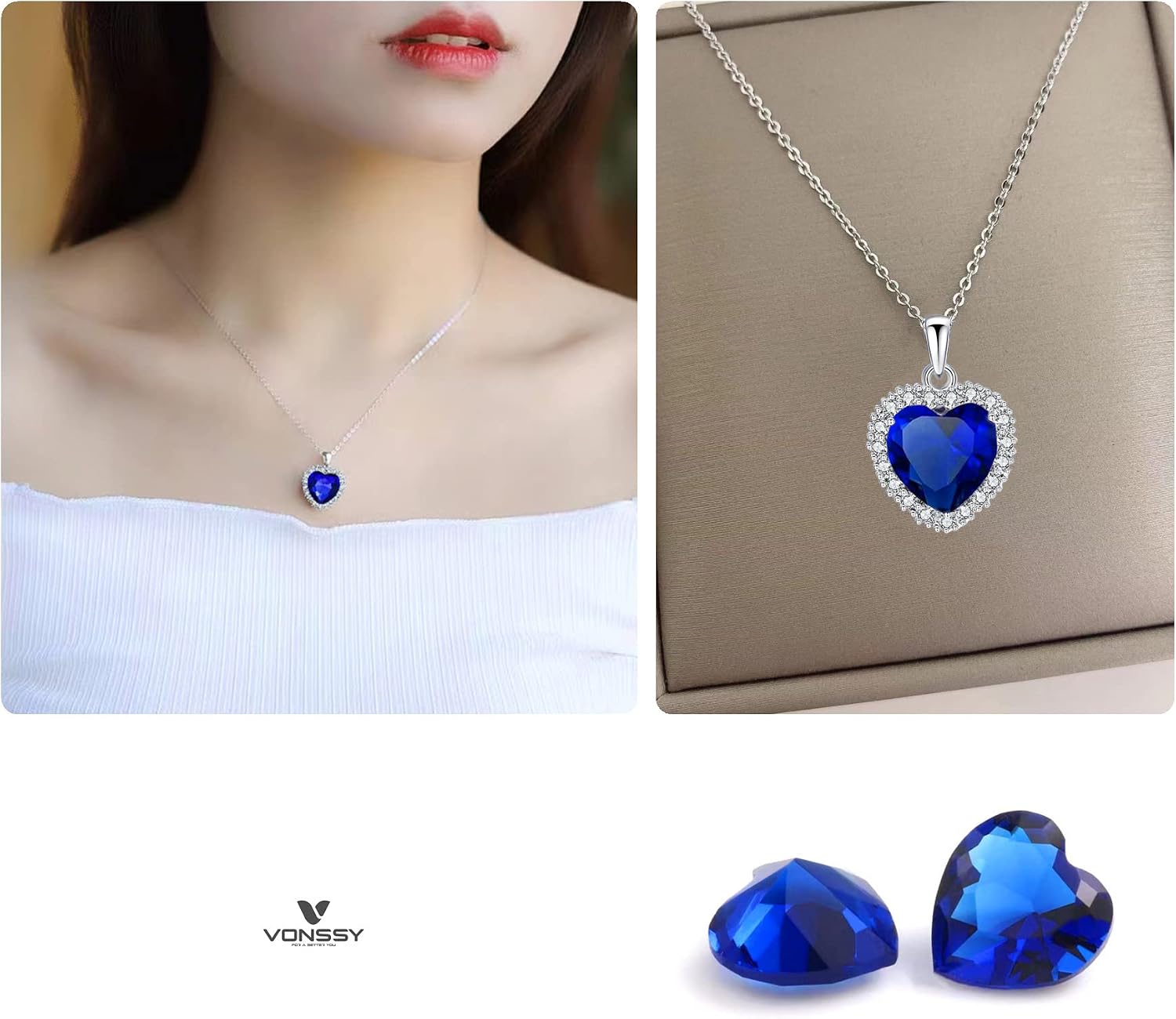 VONSSY Classic Heart Pendant Gemstone Necklace | Crystal Cubic Zirconia Birthstone Ruby Emerald Sapphire Necklace| 18K Platinum Gold Plated Chain | Vintage Meaningful Jewelry Gift for Mother Wife