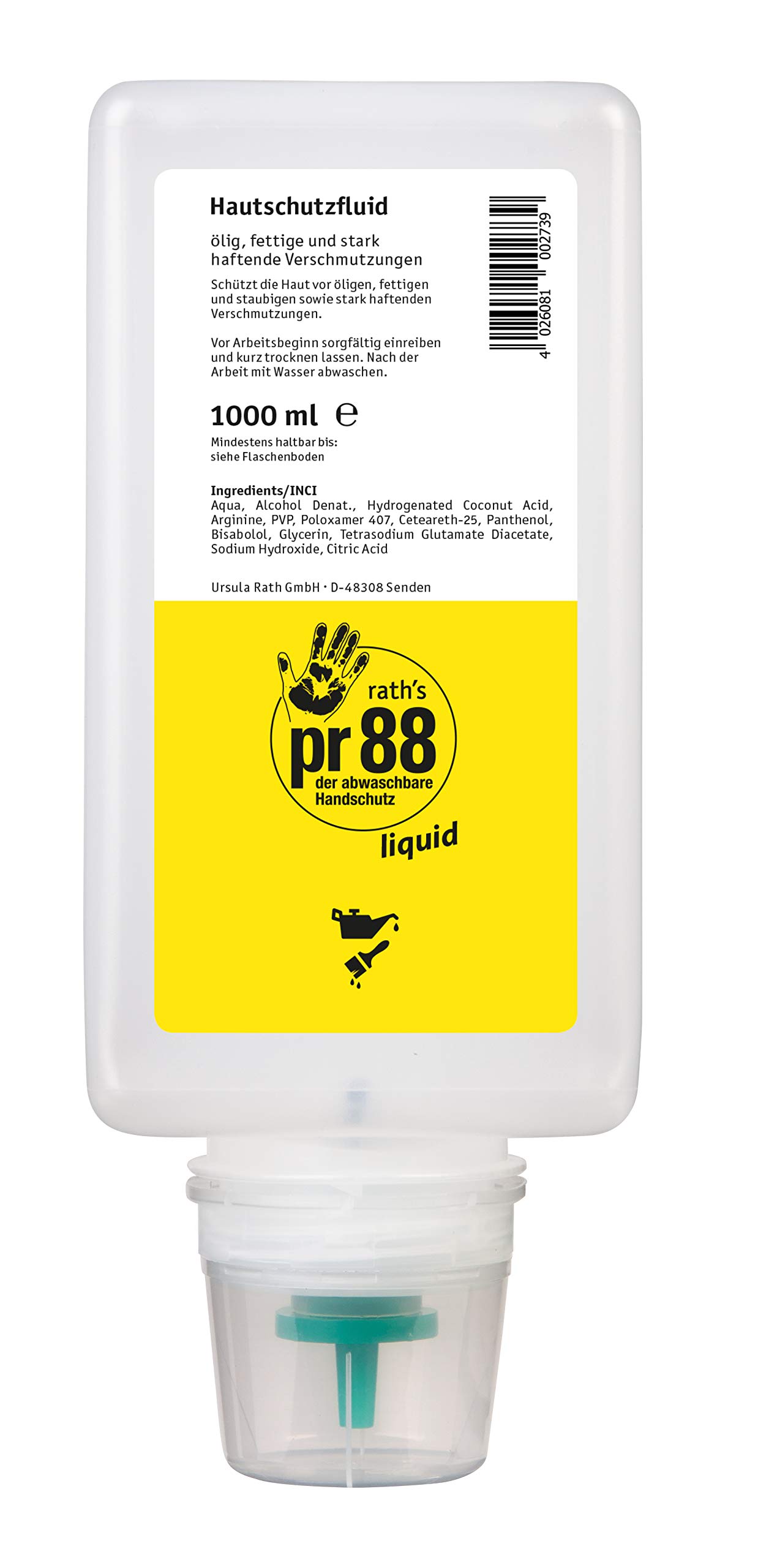 rath's pr88 liquid - 1 Liter Hautschutzfluid - Softflasche für die Werkstatt - Schützt die Haut vor öligem, fettigem oder stark anhaftendem Schmutz und erleichtert das Reinigen der Hände