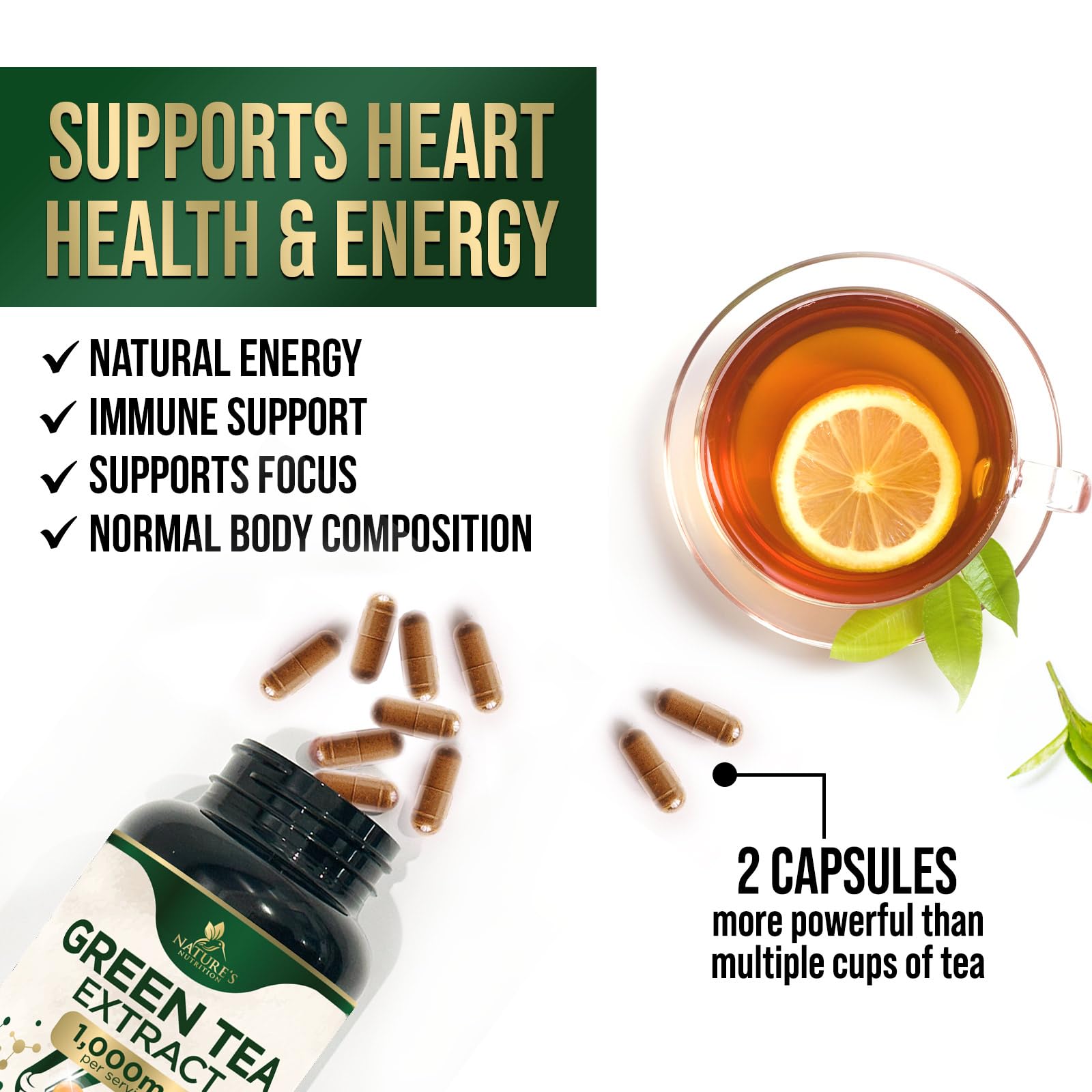 Green Tea Extract 1000mg Per Serving - Standardized 45% EGCG & 98% Polyphenols - 3X Strength Green Tea Pills for Energy, Supports Heart Health, Herbal Supplement, Vegan, Bottled in USA - 60 Capsules — Amazon image 6