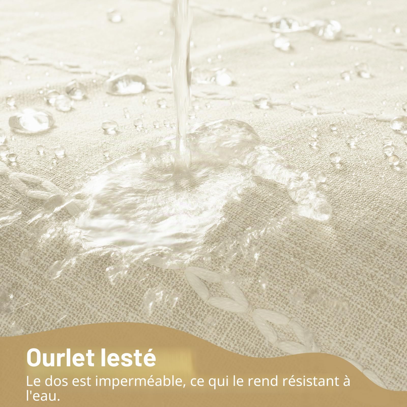 VANZAVANZU Rideau de douche bohème, sans crochets, beige, tissu polyester et lin à rayures avec revêtement imperméable pour salle de bain, style campagnard rustique shabby chic, rideau de douche