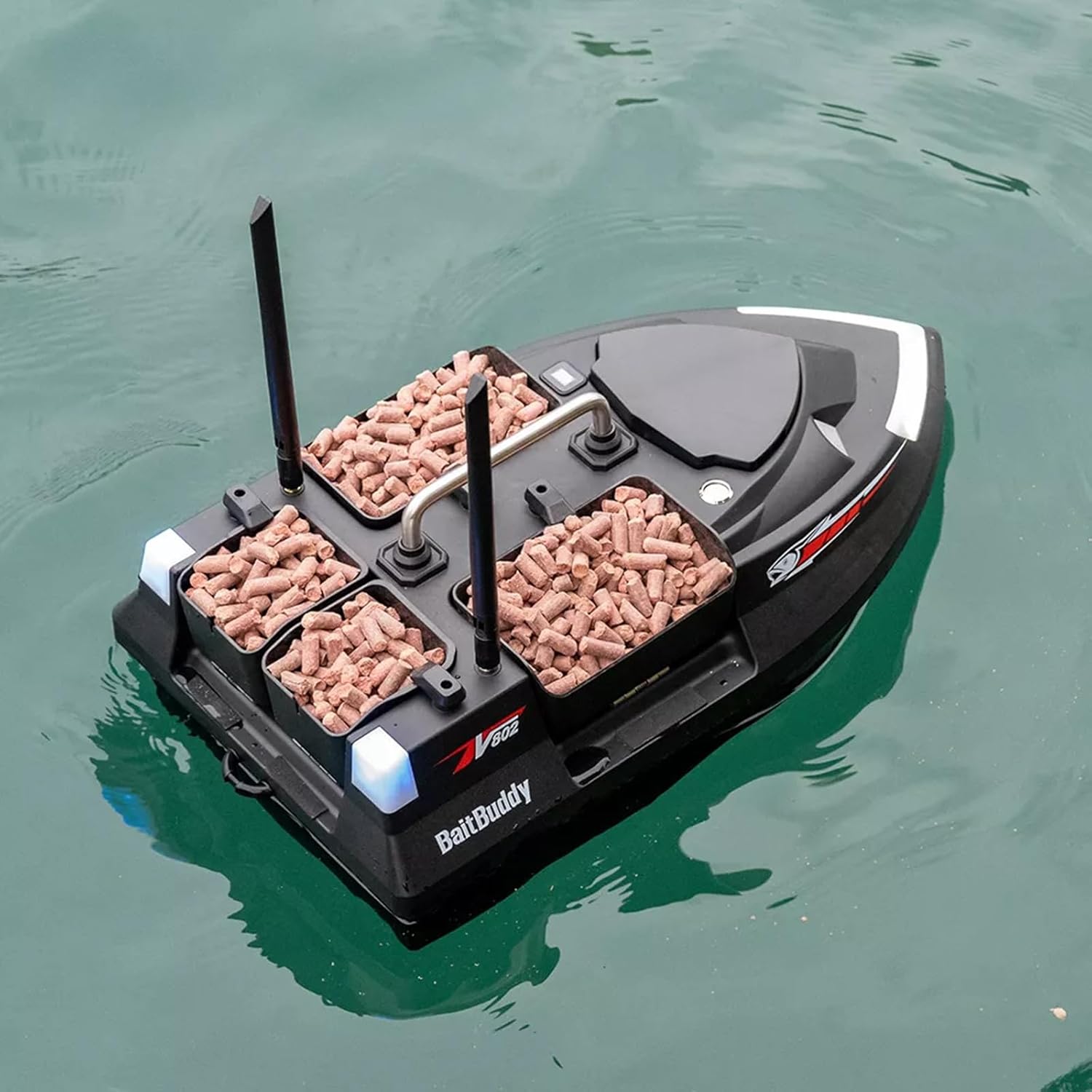 RC Bait Boat for Fishing with 4 Bait Containers, 1640FT Remote Range, Line Drop, Cruise Control, Dual 5200mAh Batteries, LED Lights, Hook Release & Carry Bag (Black)