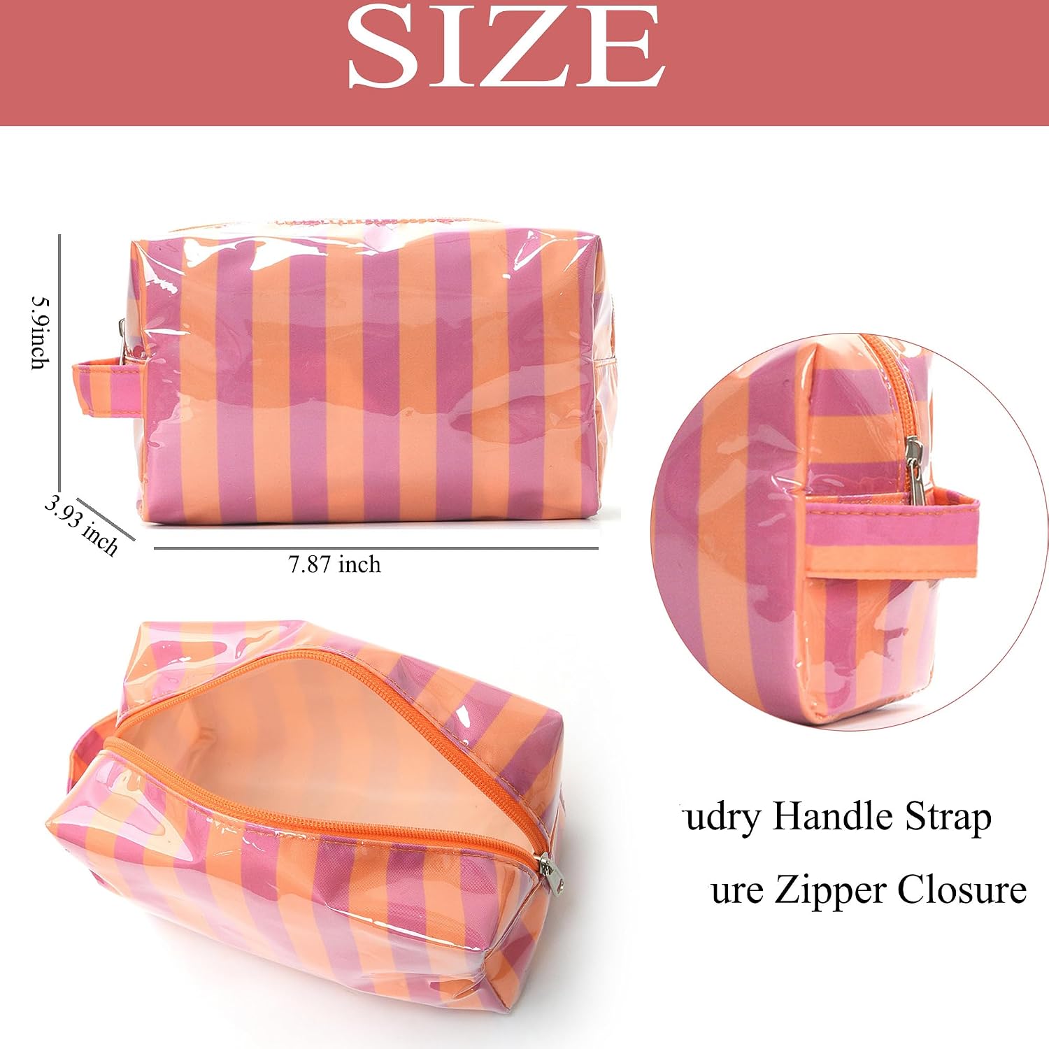 AUONY Waterproof Striped Makeup Bag with Handle Strap for Women Girls image 2