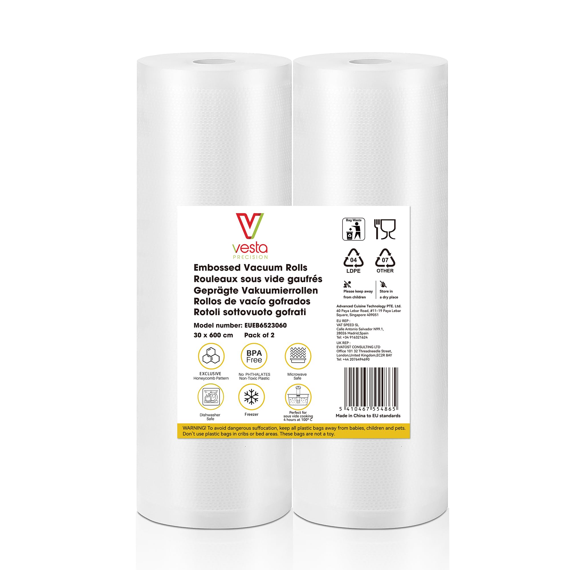 Vesta Precision Embossed Vacuum Packaging Rolls for Packaging Machine | BPA Free, 30% Plastic Saving, Microwave, Freezer and Sous Vide Safe | 2 Rolls of 30cm x 6m