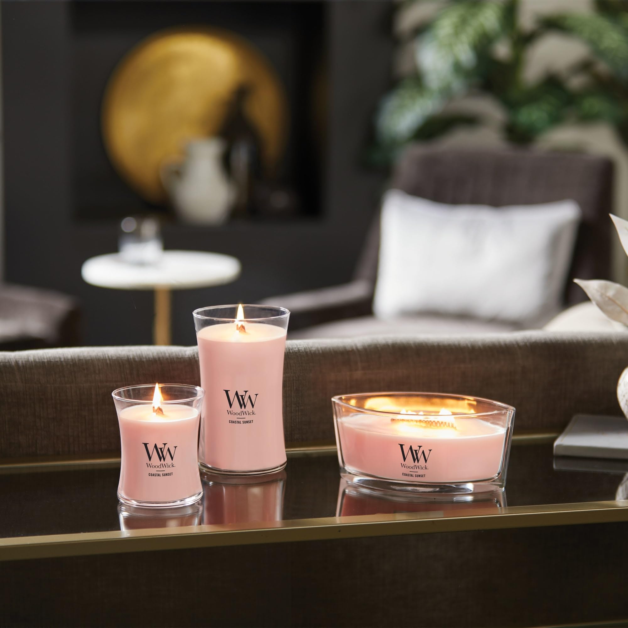 WoodWick Ellipse candela profumata con fiamma HearthwickTramonto sulla costa