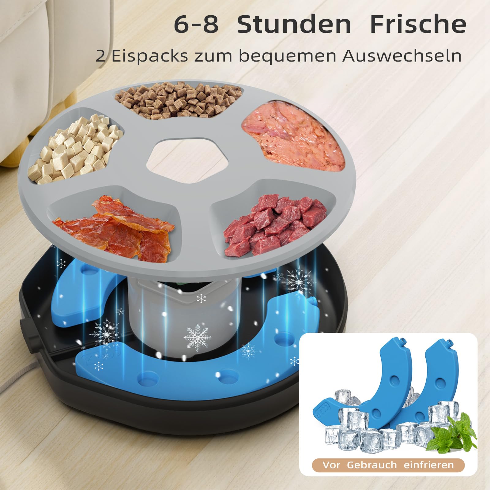 Comedero inteligente para gatos y perros – Dispensador temporizador de 5 comidas, apto para comida húmeda y seca, 2 cubos de hielo para mantener frescos, color negro