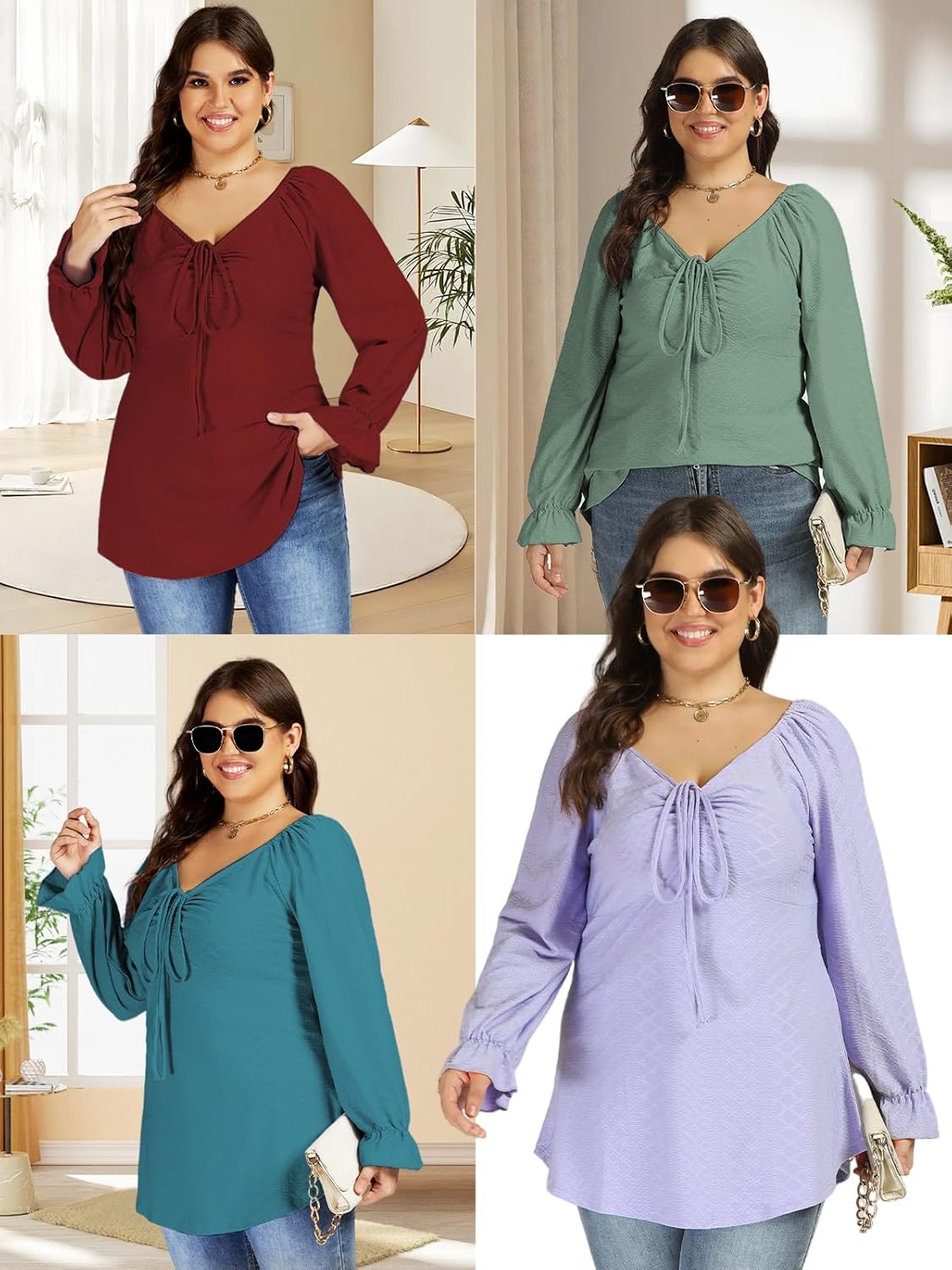 VISLILY Womens-Plus-Size-Tops Dressy V Neck Puff Ruffle Sleeve T Shirts Trendy Eyelet Blouses Casual Drawstring Loose Tunics - Image 5