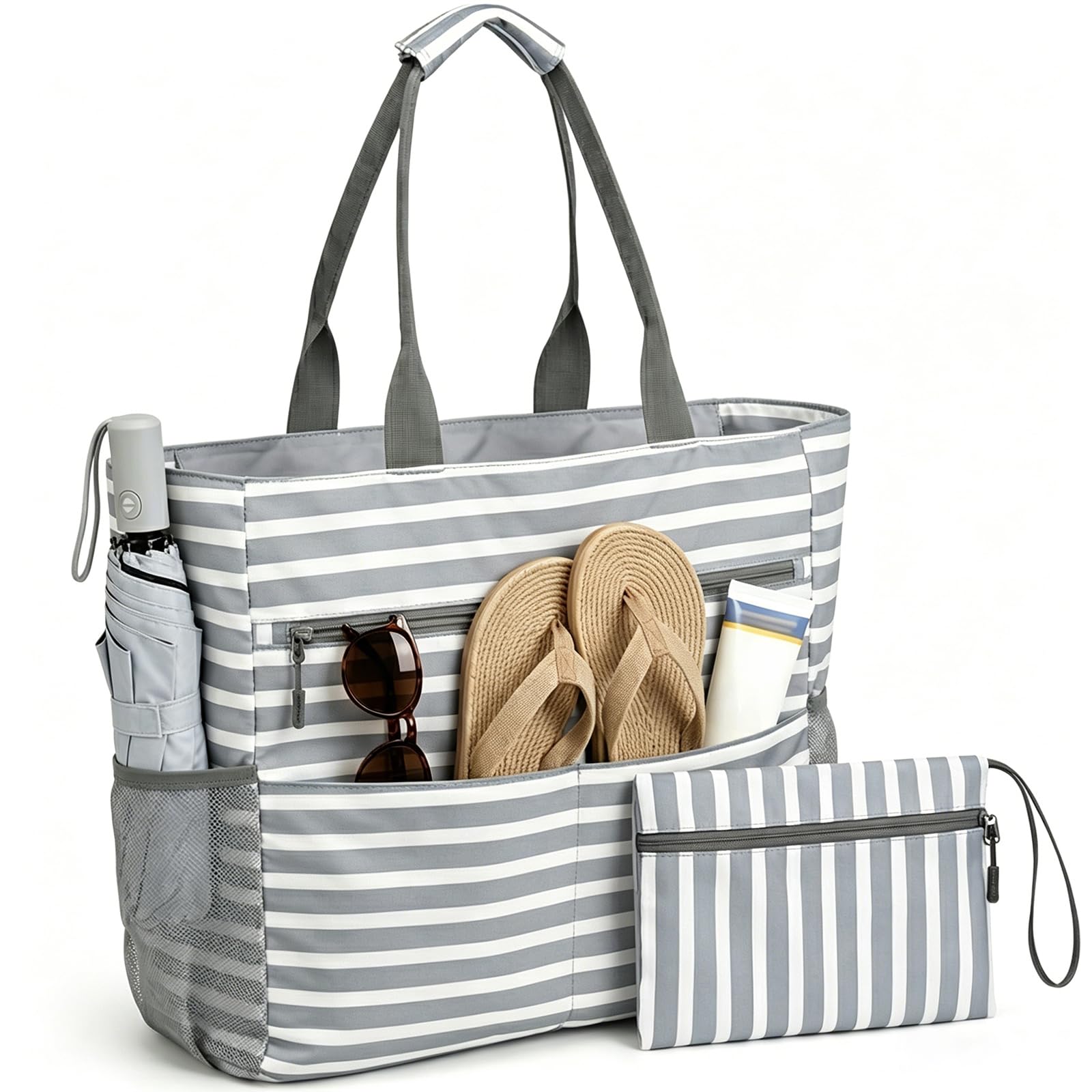 Borsa Mare Grande XXL Famiglia, Borsa Spiaggia Donna Impermeabile con Chiusura a Zip e Tasche, Borsa Mare in Tela Resistente con Pochette, Ideale per Piscine, Vacanze e Viaggio