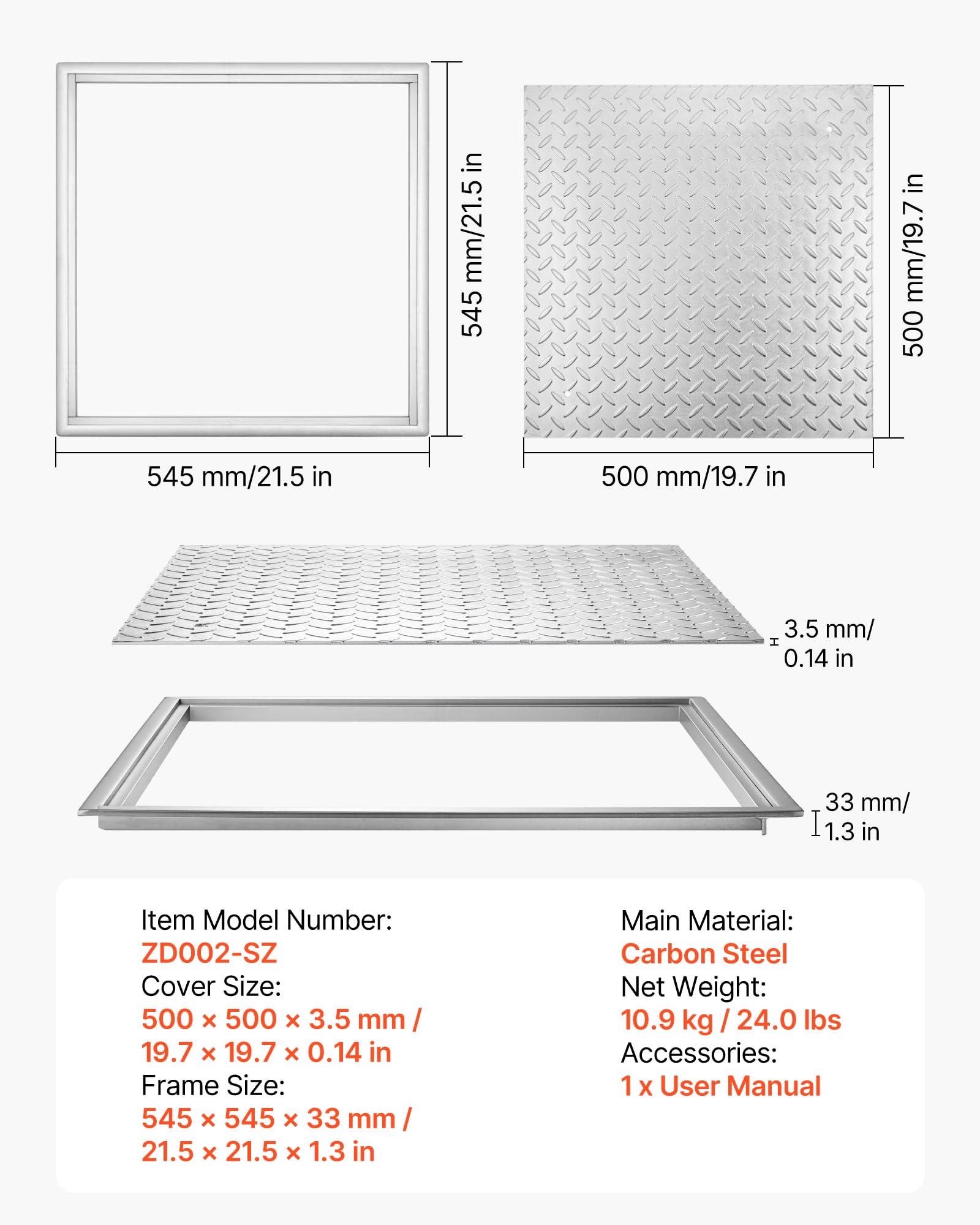 VEVOR Schachtabdeckung mit Rahmen 50 x 50 cm, Quadratischer Schachtdeckel Klärgrubendeckel, Hochbelastbarer Rutschfester Gullydeckel aus Kohlenstoffstahl für Abflussrinne, für Gehwege Gärten Höfe