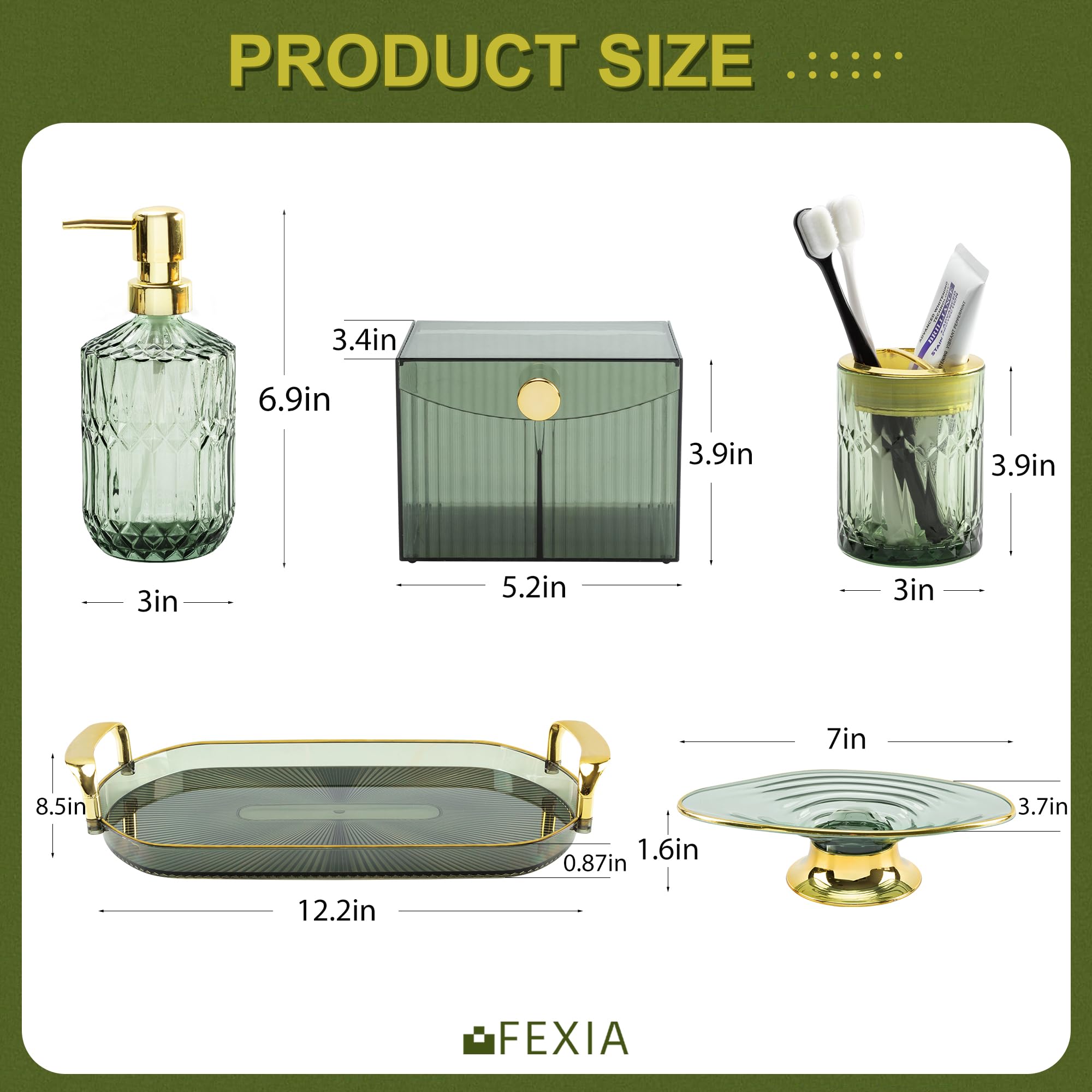Juego de accesorios de baño verdes, 5 piezas, decoración de baño verde con bandeja de tocador decorativa para decoración de baño bohemia, dispensador de jabón, soporte para cepillos de dientes 2