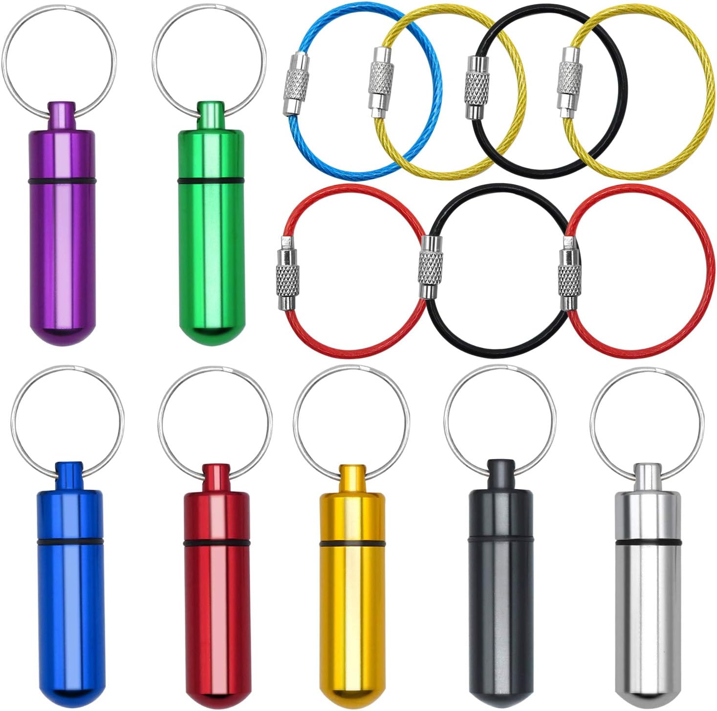 7 Pack Aluminum Pill Holders with 7 Pieces Wire Keyring, Portable Pill
