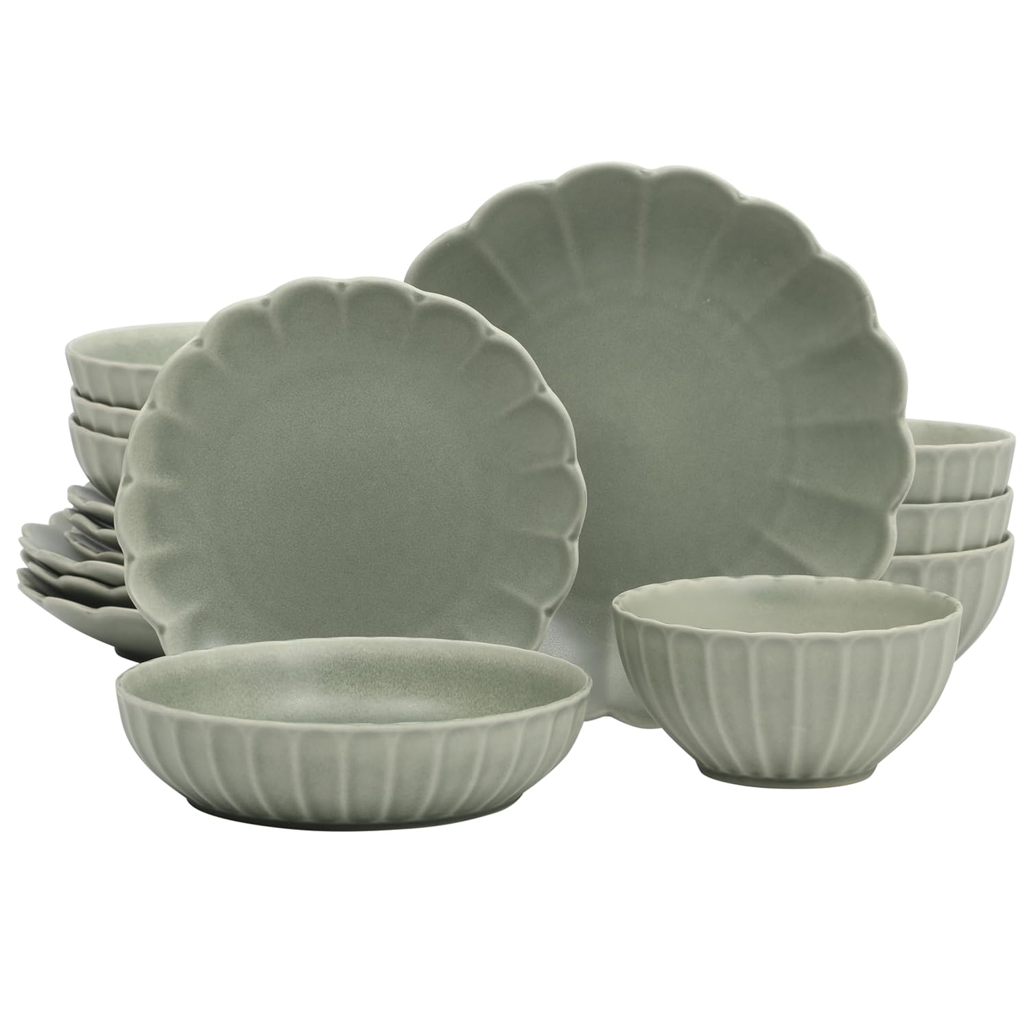 Gibson Elite Malibu Shore 16 Piece Scallop Stoneware Reactive Glaze (Service for 4) Ceramic Plates and Bowls Dinnerware Set - Green