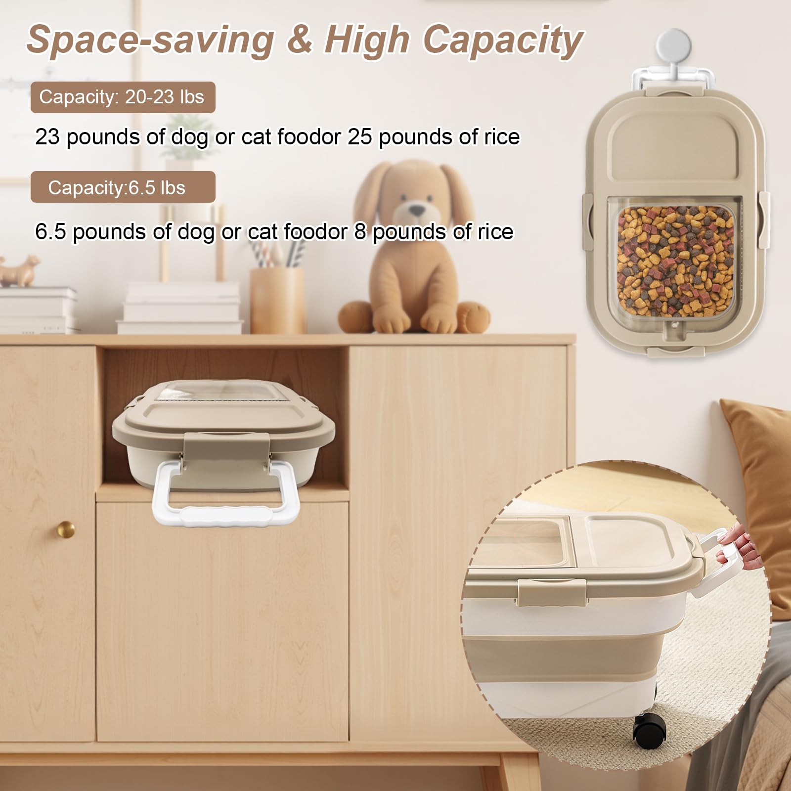 Conteneur à Croquettes pour Chien et Chat, Capacité 7-10 kg, Boîte de Stockage Pliable avec Roues, Cuillère et Tasse à Mesurer, Rangement Aliments Secs, Beige Kaki