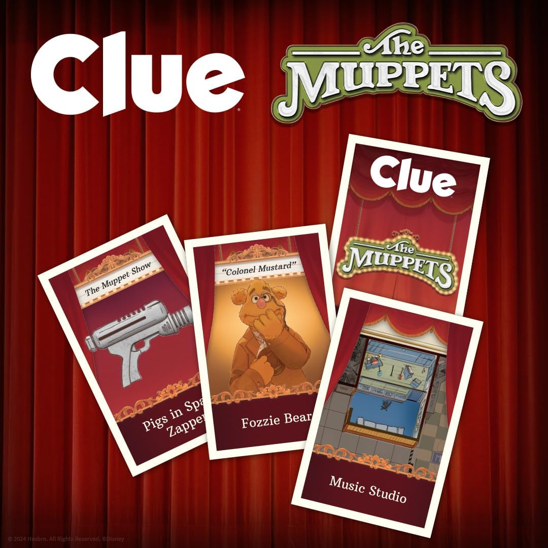 CLUE: The Muppets, Classic Board Game, Solve The Mystery in The Muppet Theater with Kermit, Fozzie, & More, Discover Who, Where, and What Weapon was Used, Officially Licensed The Muppets Merchandise