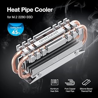 GRAUGEAR M.2 2280 NVMe SATA SSD Heatsink, Direct Touch Heatpipe, Dual Copper Heat Pipes, Aluminum Alloy Plate-Fin Design, 2 Thermal Conductivity Pads incl., 1.34 inches Height [G-M2HS06]