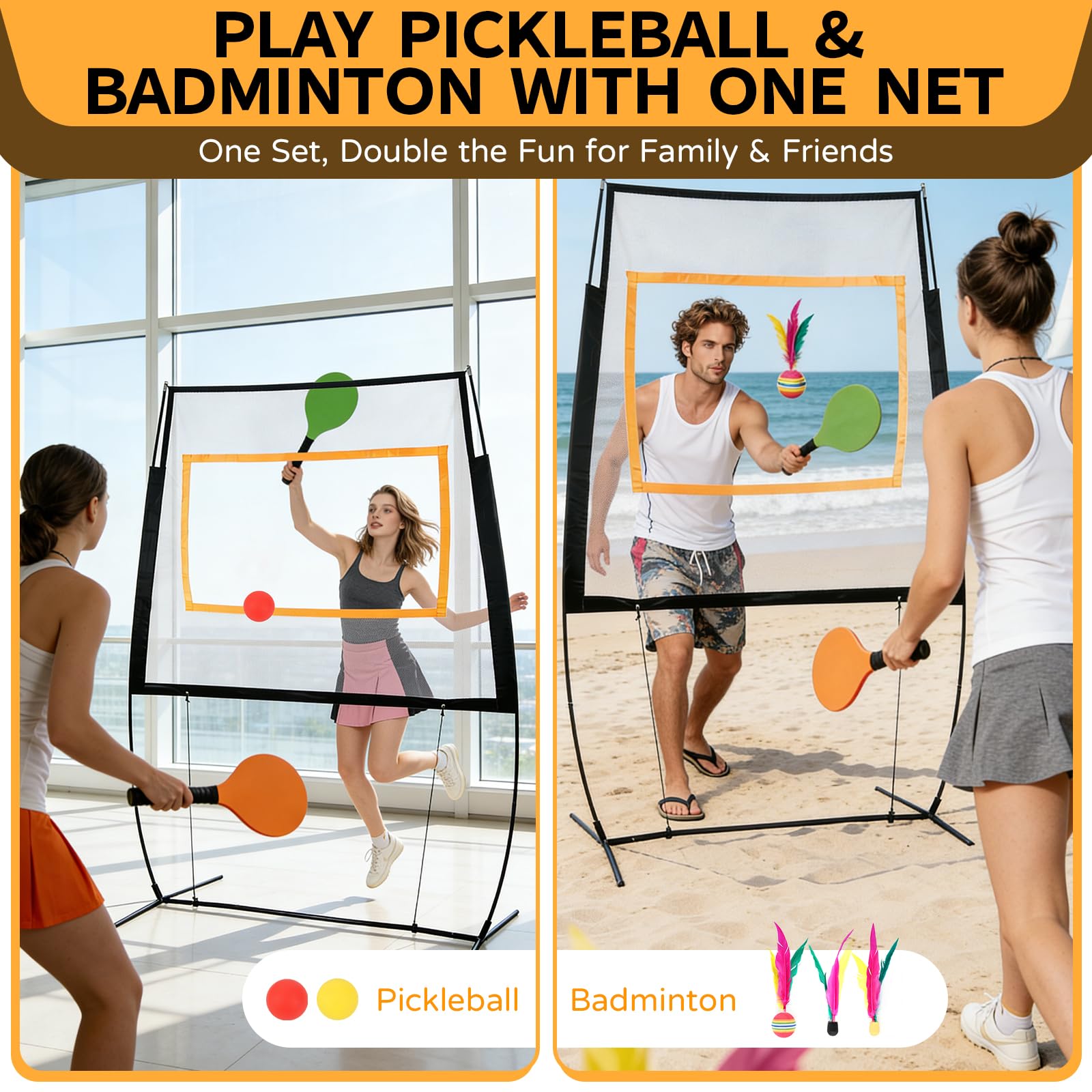 2-in-1 Badminton Netz Outdoor, Pickleball Set mit Netz, Höhenverstellbar 1,8-2,25m, mit 2 Badmintonschläger, 2 Pickleballs, 10 Federbällen & Tragetasche für Indoor Familienspiele, Garten, Strand