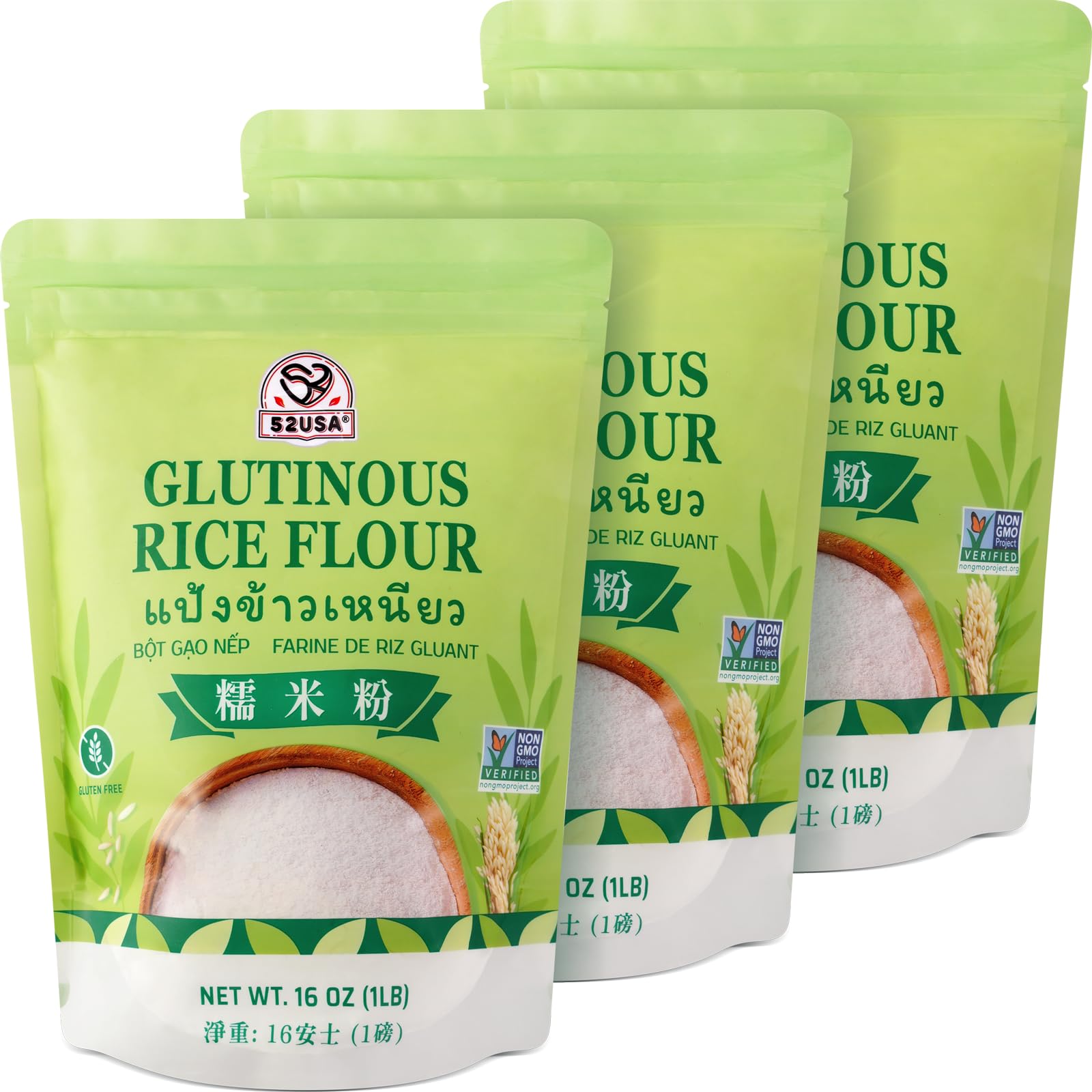 52USA Glutinous Rice Flour 48 Ounce (Basic), 1 Pound (Pack of 3), Rice Flour for Baking or Cooking, Product of THAILAND, All Natural White Rice Flour, Vegan