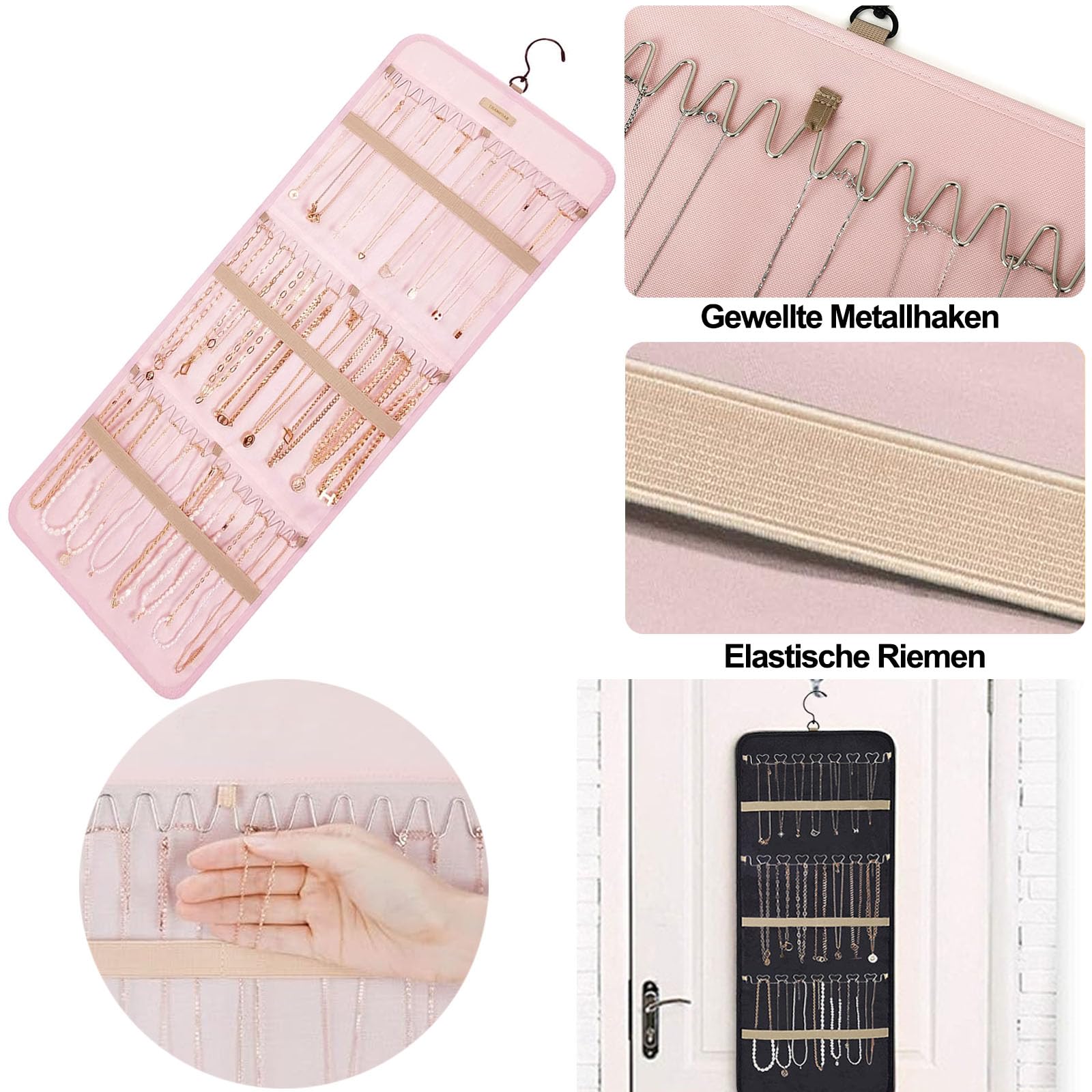 Hanging Jewelry Organizer per Armadio, Organizer per Gioielli Appeso, Organizzatore di Gioielli da Appendere, Storage Doppia Faccia per Gioielli, con 39 Scomparti e 3 Ganci a Forma di Onda, Rosa