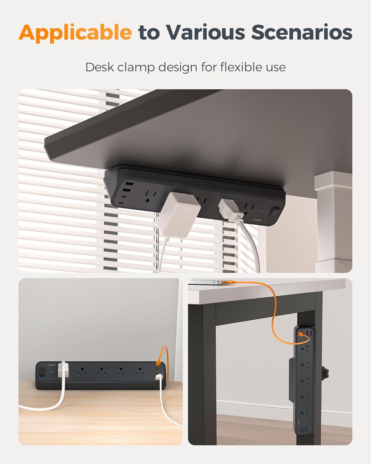 TESSAN Desk Clamp Power Strip 6 Ft, 2100J Surge Protector Desk Charging Station, 5 Outlets with 4 USB Ports (2 USB C), Flat Plug Extension Cord with Multiple Outlets for Home Office Dorm Room, Black