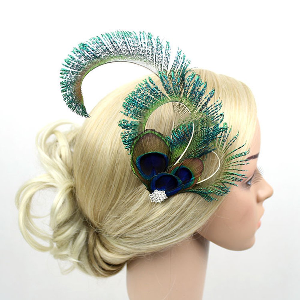 Elegant Green Feather Headband New mesh feather bridal headpiece retro elegant women main image 2