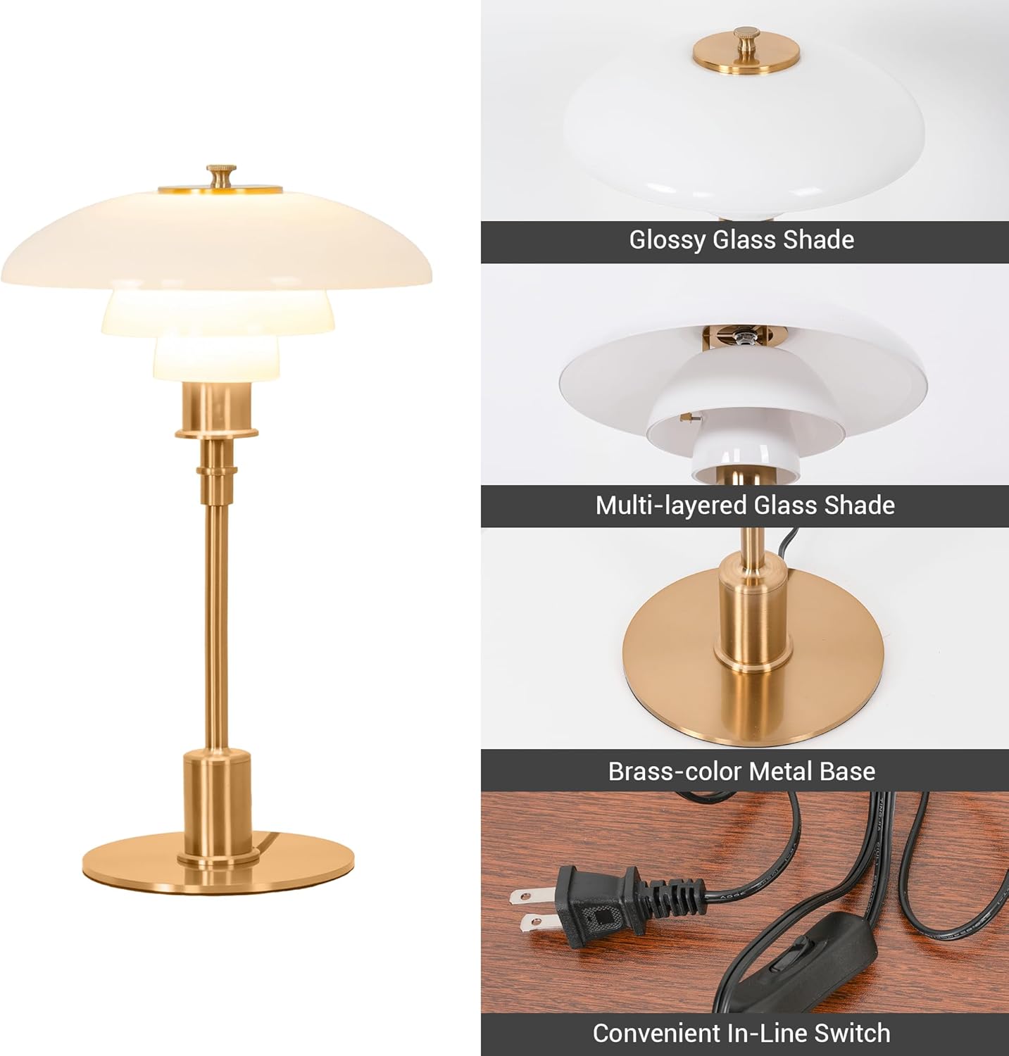 Modern Bauhaus-Style Table Lamp with Multi-Layer Glass Shade and Brass-Color Metal Base Unique Desk Lamp for Bedroom Living Room Office Nordic Minimalist Night Light with E26 Socket (White)