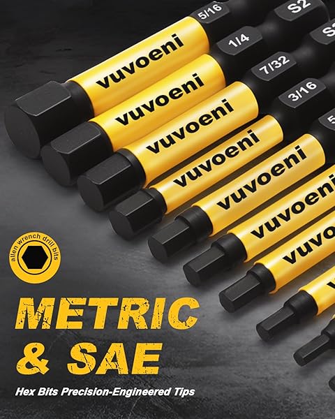 20PCS Impact Hex Head Allen Wrench Drill Bit Set (Metric & SAE), 2 in Long Allen Bits Magnetism, 1/4'' Hex-Shank S2 Steel for DIY Furniture Assembly & Car Repairs - 5
