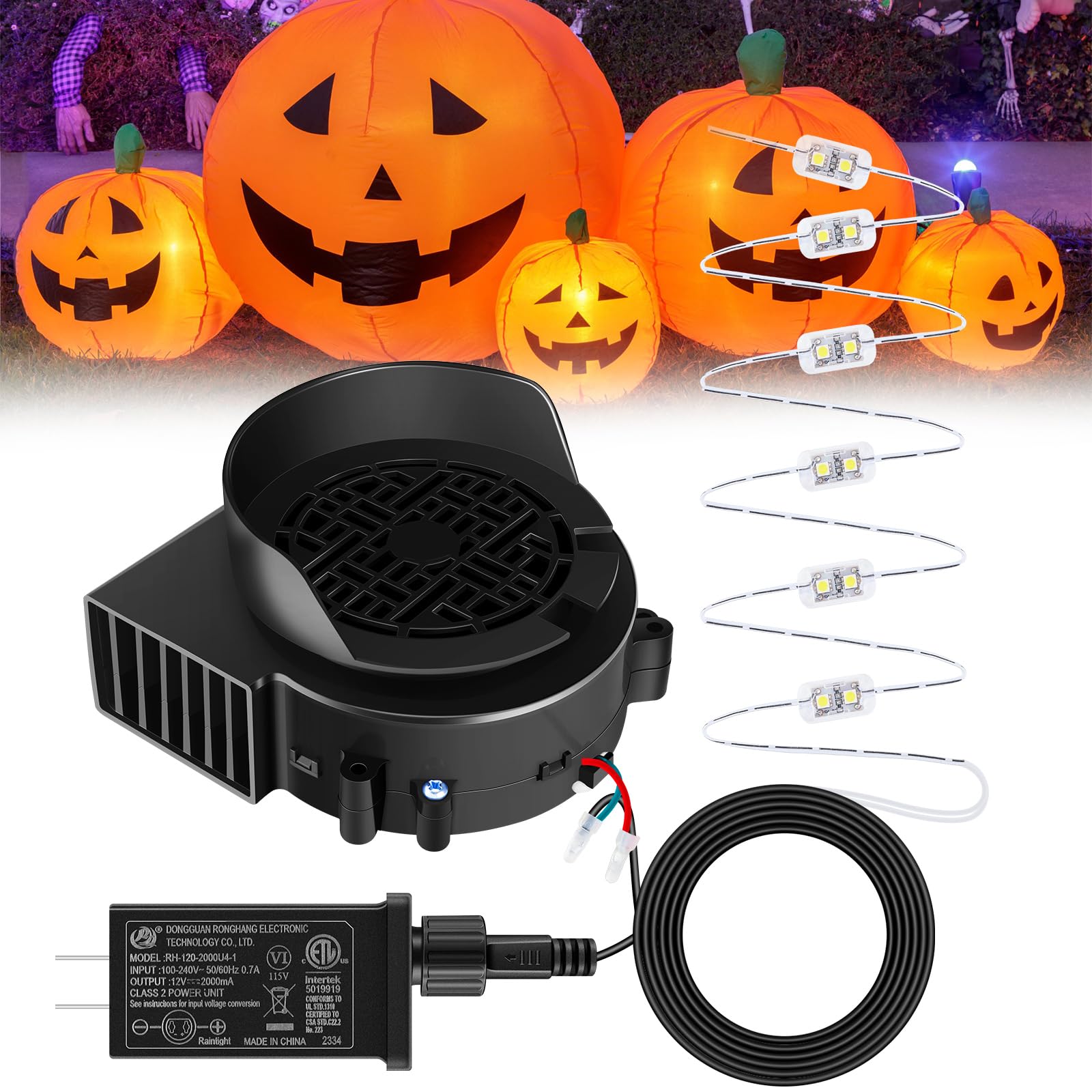 Landhoow Inflatable Replacement Fan Blower 12v 1.5a Air Blower Fan for Inflatables with 6 Adapter LED Lights Waterproof for Halloween Christmas Outdoor Yard Decorations