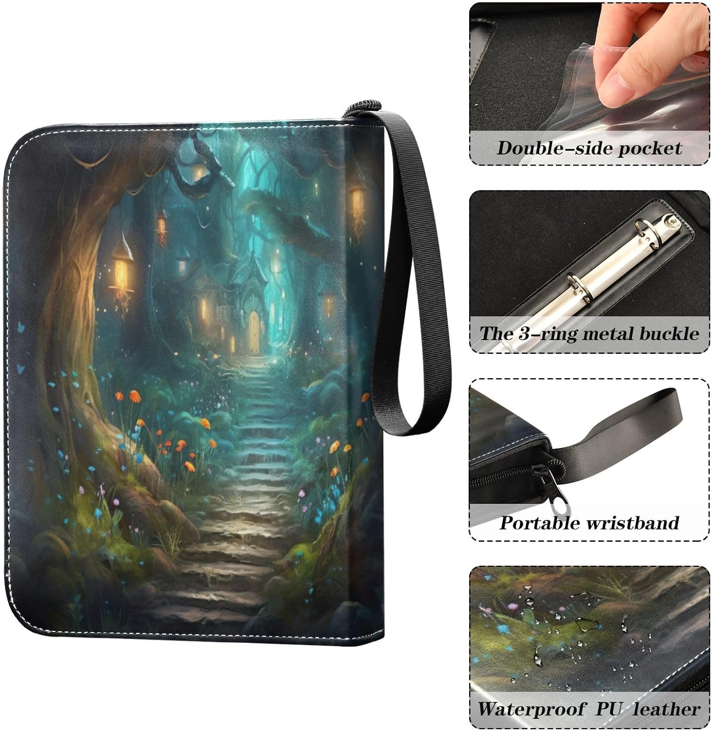 Fairy Fantasy Forest Card Binder 4-Pocket, 400 Pockets PU Waterproof Zippered Collector Card Album with 50 Removable Sleeves for Trading, Game Cards