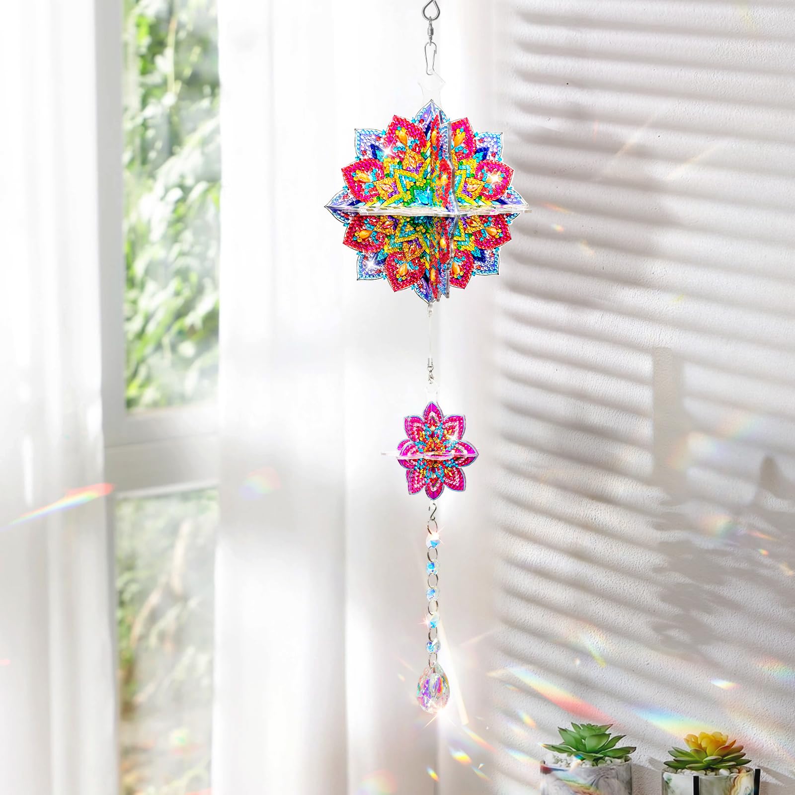 Mandala DIY akrylowe malowanie diamentowe dzwonki wietrzne z kryształowym wisiorkiem do ogrodu i domu