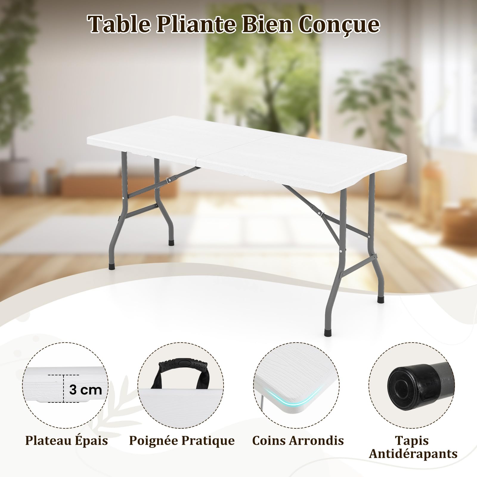 COSTWAY Table de Camping Pliante de 152 cm, Table de Pique-Nique pour 4 à 6 Personnes Plateau en PEHD Poignée de Transport, pour Camping Barbecue Fête (Blanc)