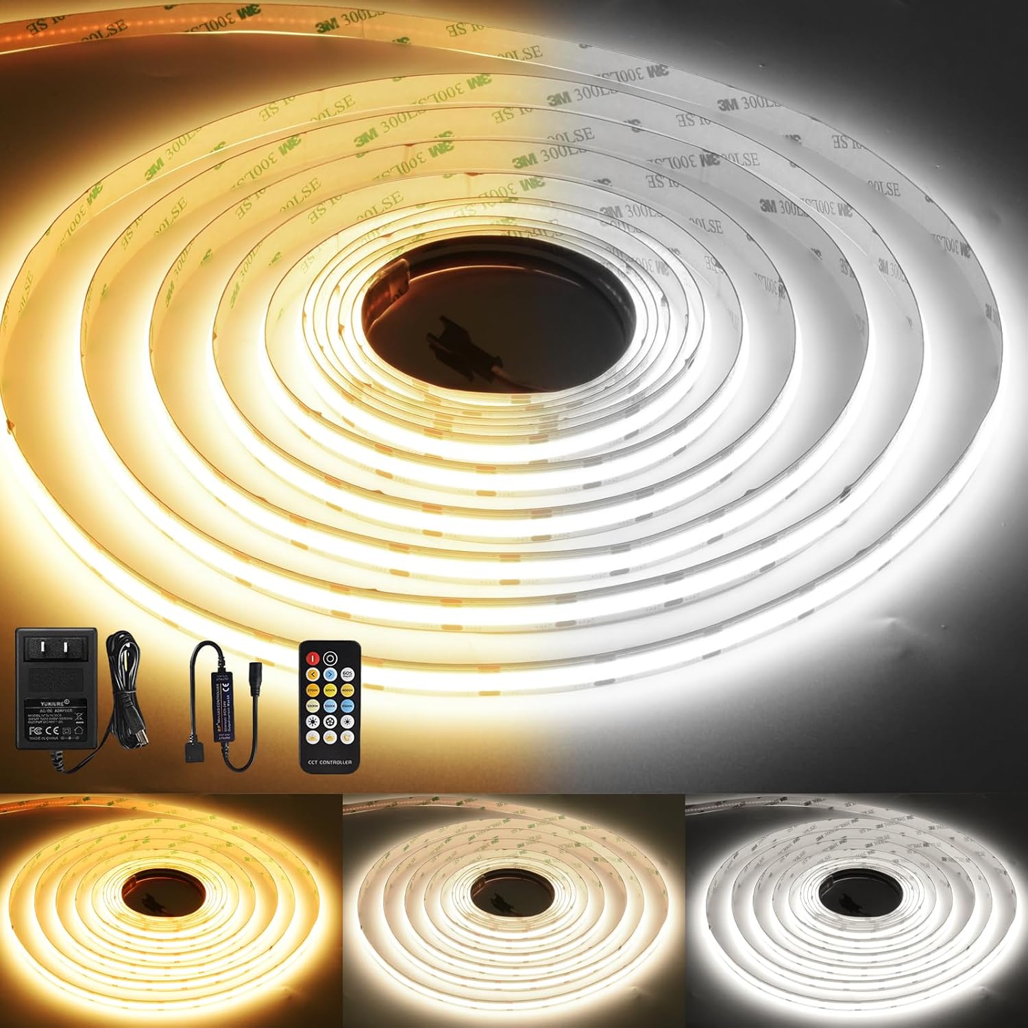 CCT COB LED Strip Lights, Tunable White Dimmable 2700K-6500K, 24V LED Tape Light Kit 32.8ft/10m, High Density CRI90+with UL-Listed Adapter, for Under Cabinet Lighting, Kitchen,Bedroom, Office, DIY