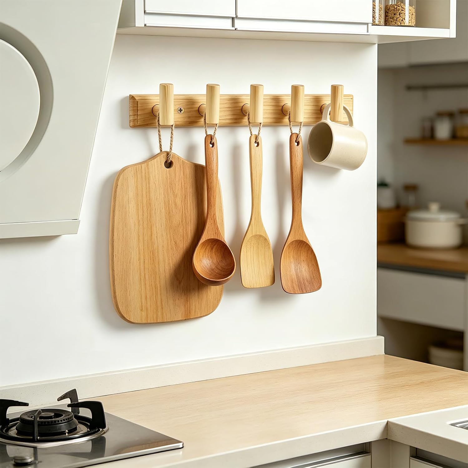 Coat Rack Wall Mount-5 Hooks, Wood Hook Rail for Towel Coat Hat Purse Bag Jacket, Towel Racks for Entryway Bathroom Kitchen Organizer Essential