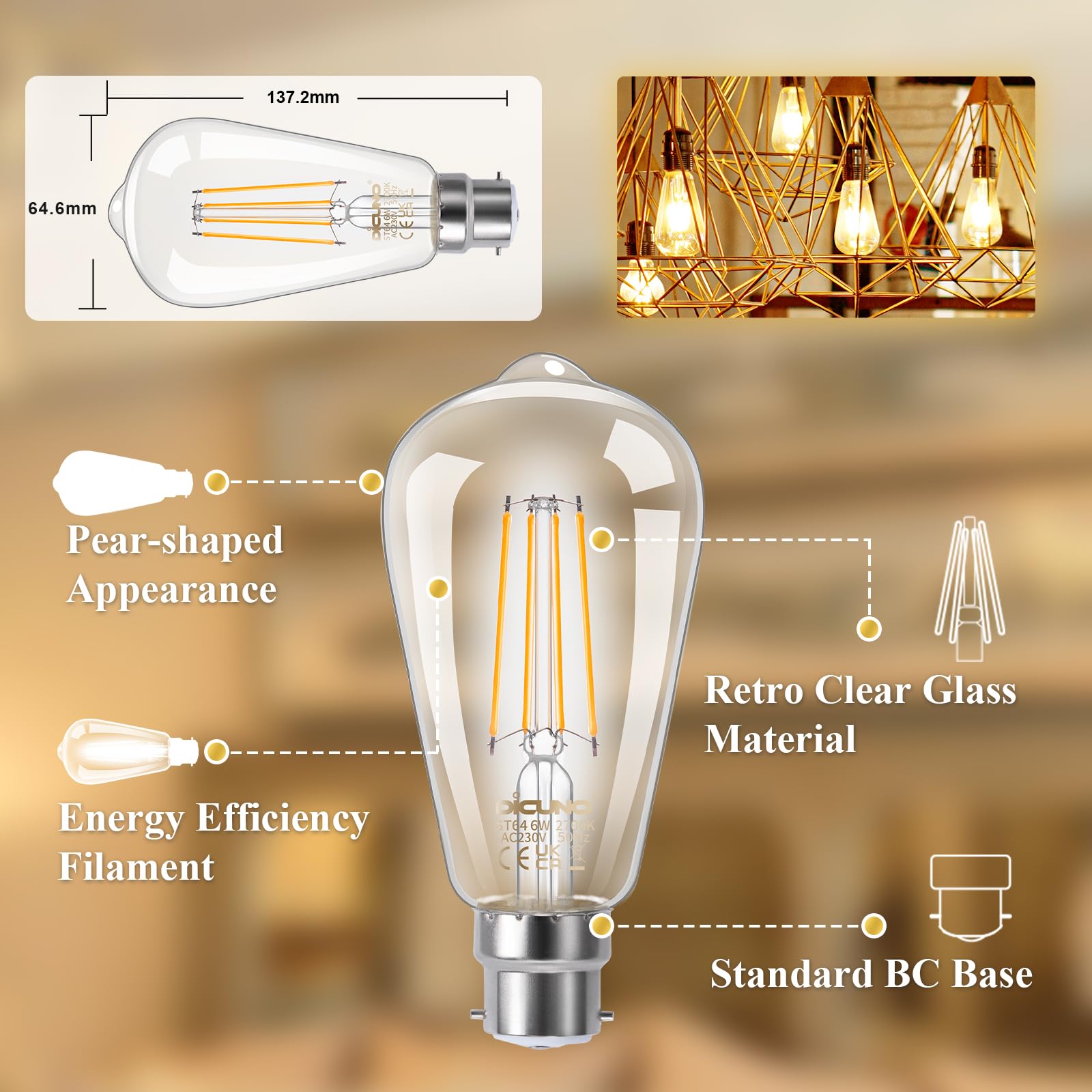 DiCUNO Vintage Edison Light Bulb B22 Bayonet Light ST64, 6W Equivalent to 60W, Filament Clear LED Bulb, Warm White 2700K - Image 3