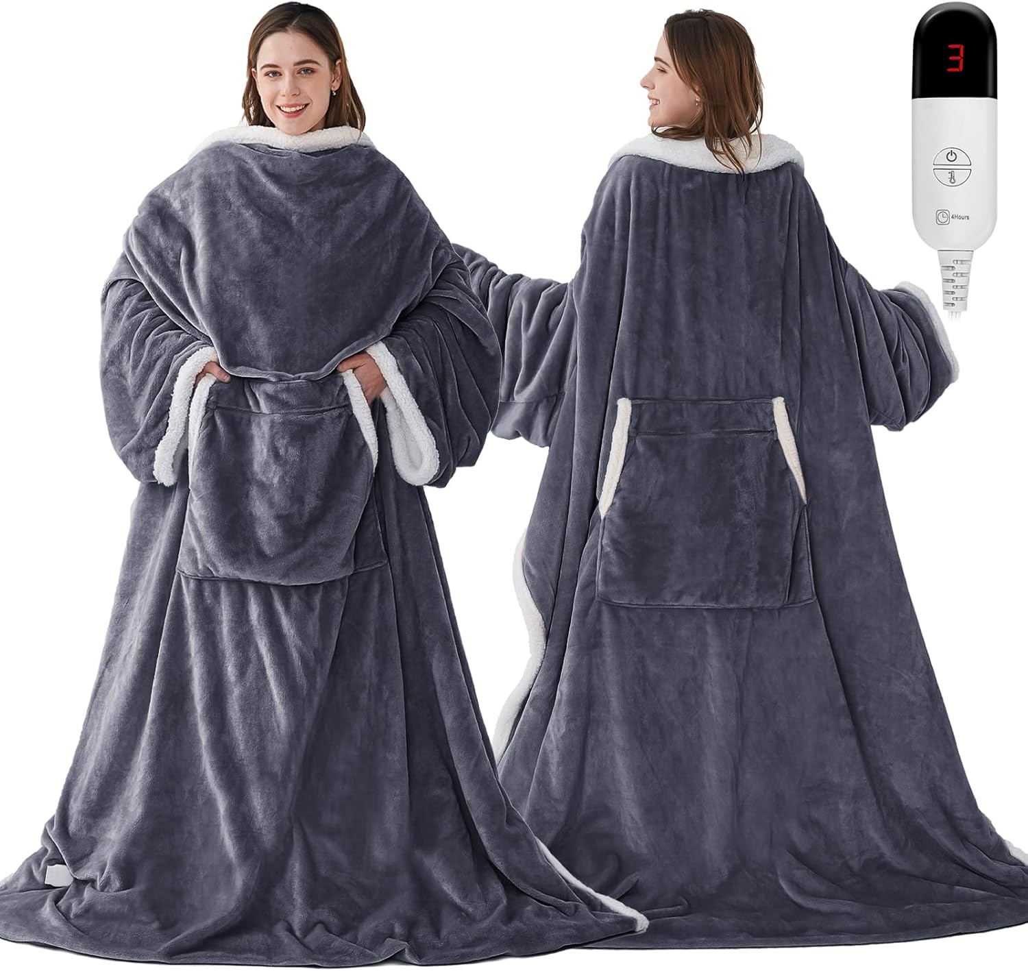 Wearable Heated Blanket with Foot Pockets, Electric Wearable Throw Blanket with Sleeves, Wearable Electric Blanket with 6 Heat Levels Settings, Fixed 4H Auto-off, Gift for Family, Friends, 50*70"