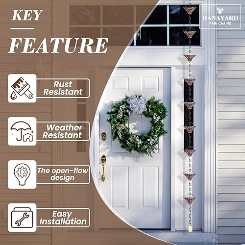 Miniatura 4 de HANAYARD Canaleta de lluvia de cobre antiguo para canaletas con 12 tazas, cadena ajustable con campana para desviador de agua exterior, campanillas