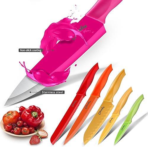 Miniatura 2 de OHOLA - Juego de cuchillos de cocina de 12 piezas, juego de cuchillos de acero inoxidable con mango ergonómico de plástico, 6 cuchillos con 6 fundas