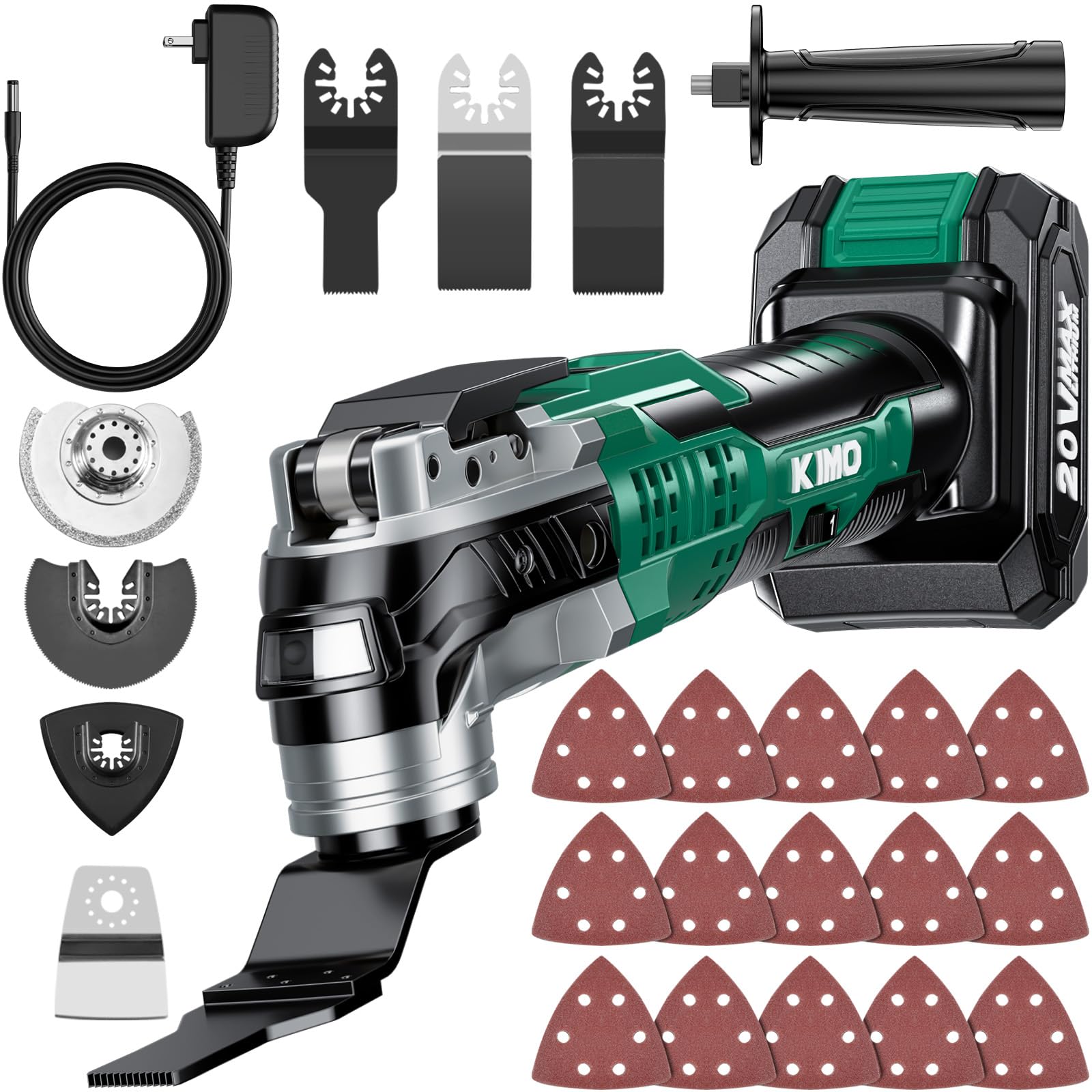 KIMO 20V Cordless Oscillating Tool Kit w/ 26Pcs Accessories, Max 21000 OPM, 6 Speeds &amp; 3°Oscillating Angle, LED Light, Battery Powered Oscillating Multi-Tool for Cutting Wood/Nailing/Scraping/Sanding