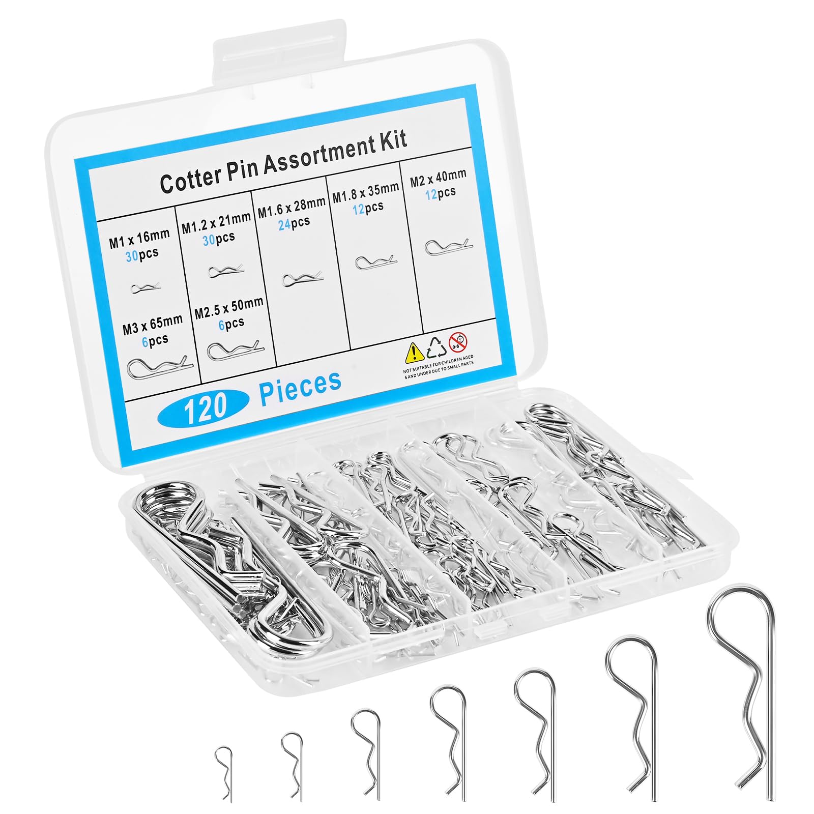 120pcs Premium Cotter Pin Assortment Kit, Heavy Duty R-Shaped Cotter Pins, 7 Sizes Zinc Plated Carbon Steel Hardware Pins for Automotive, Machinery, Lawn Mowers, and DIY Projects