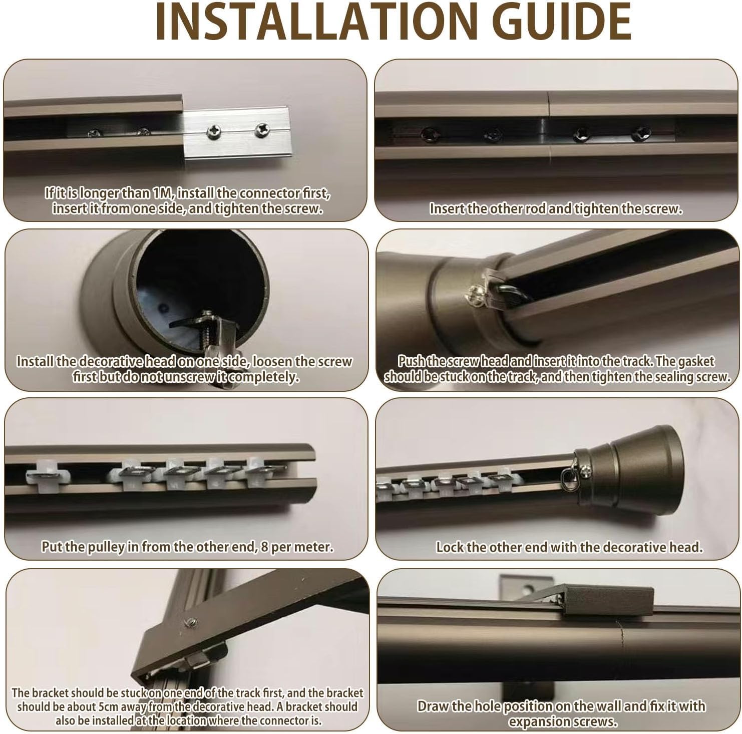 Tringle à rideaux romaine, rail double fixation murale, silencieux robuste en aluminium, système de coulissant for avec roulettes silencieuses(Gold,2.4m(7.9ft))
