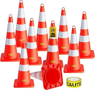 10 Pack 28 Inch Traffic Cones, from -30℃ to 55℃, MUTCD-Compliant Orange Safety Cone with Reflective Collar & Extra Caution Tape for Parking Lot, Construction Work, Road Safety