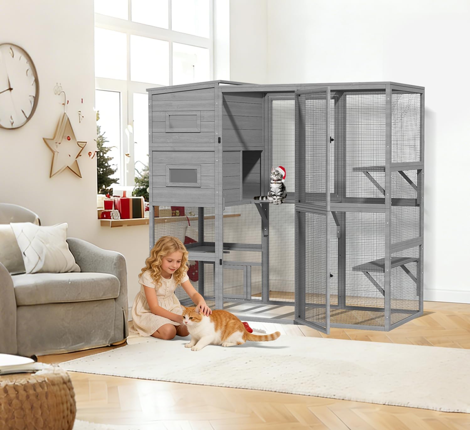 Catio Outdoor Cat Enclosure, Large 4 Tiers Cat Catio Connect to Window for Outdoor Indoor Cats with Weatherproof Roof, Resting Rooms, Platforms, Large Door, 76" L x 32.9" W x 70.8" H, Grey
