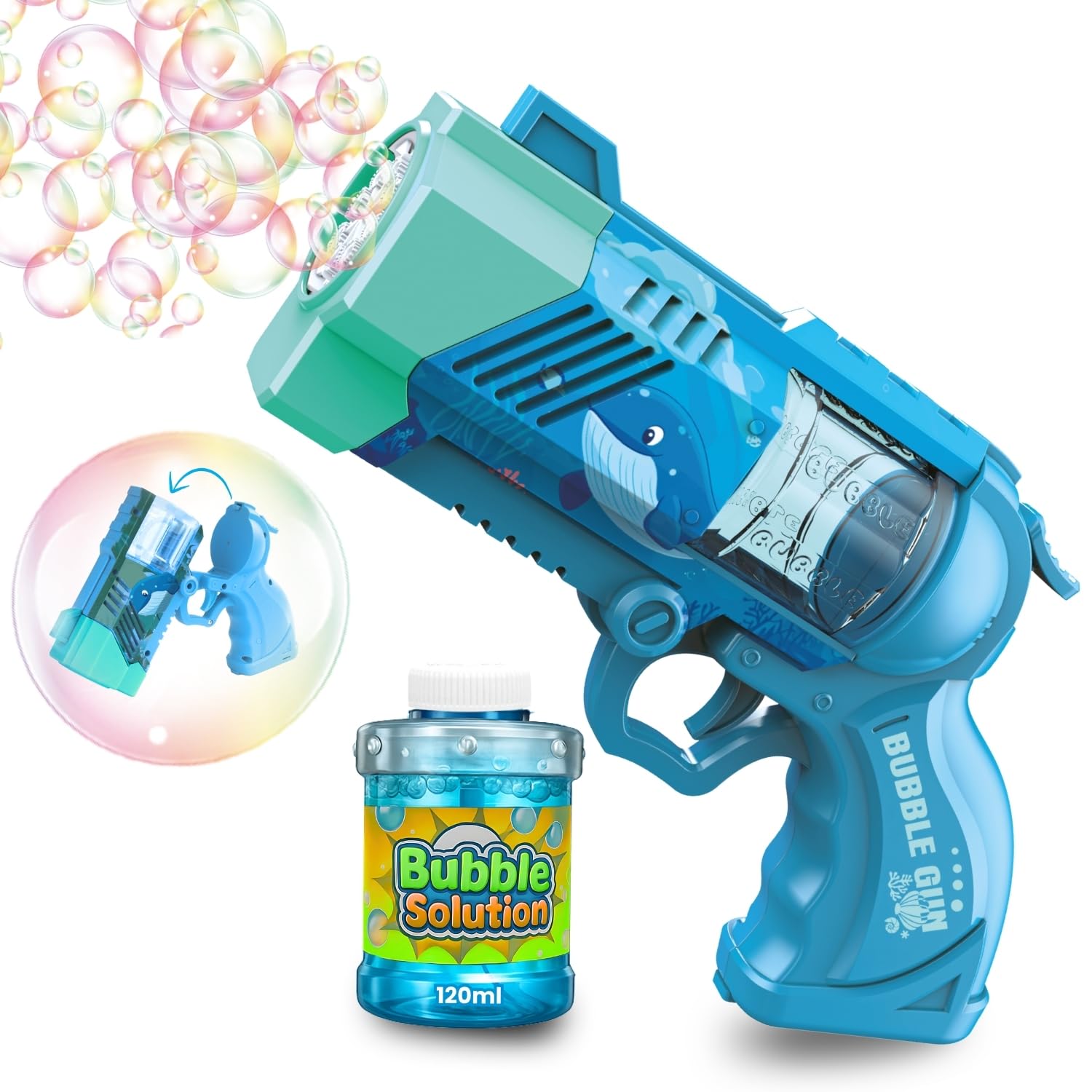 Blubbel Sparabolle di Sapone LED, Pistola Giochi, Macchina Automatica, Bubble Gun, Cannone d’Aria, Giocattolo Matrimonio, Regalo Estivo Bambini, 120ml Liquido Incluso
