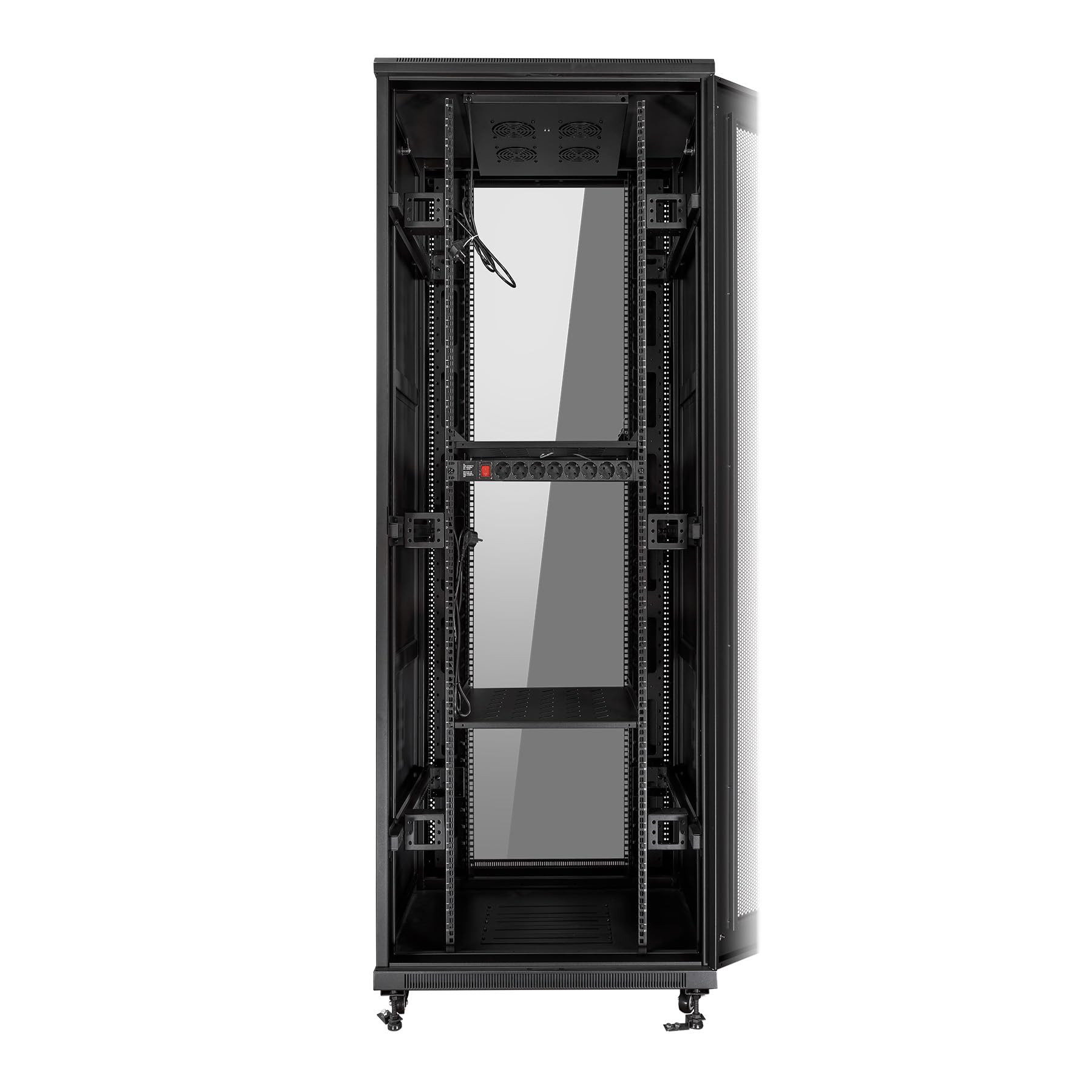 Aiten Data Armario Rack Suelo 19" 47U 600 x 600 x 2285 mm Montado con Accesorios: 2 Bandejas Fijas, 4 Ventiladores 120 mm, 1 PDU con 8 Puertos de 1U, Patas, Ruedas y Llaves