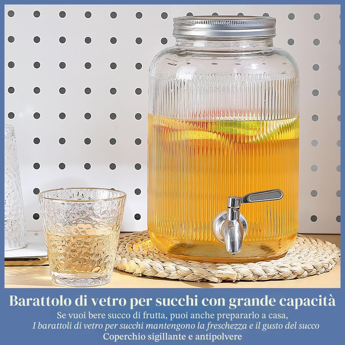 Evanda Dispenser bevande in vetro con rubinetto in acciaio inox a prova di perdite, distributore di bevande ghiacciate da 4 l, per la preparazione di tè freddo, limonata e succhi di frutta