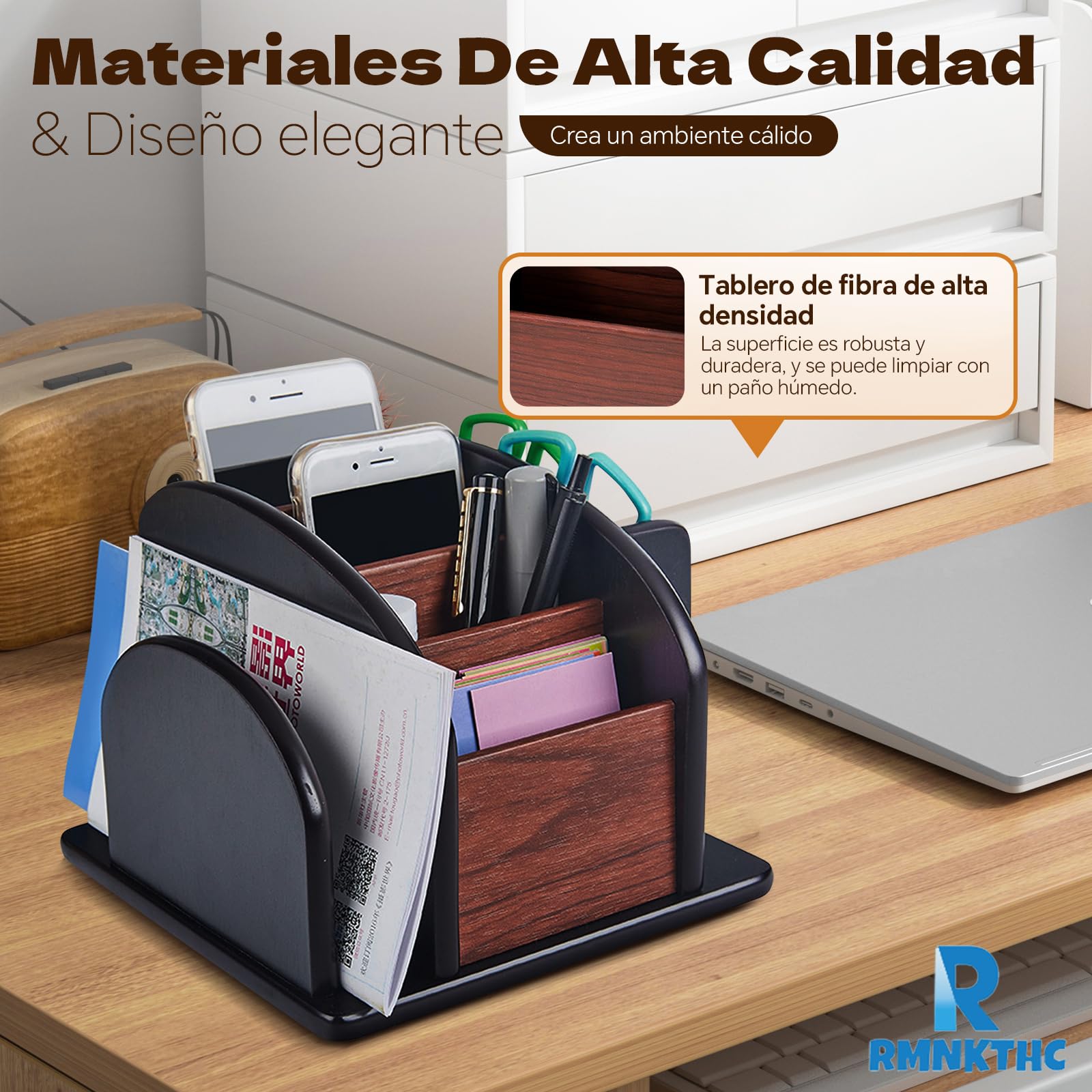Organizador de Escritorio de Madera Giratorio con 6 Compartimentos – Portalápices Multifuncional para Objetos Pequeños, Soporte para Mandos a Distancia, para Oficina Escuela Hogar