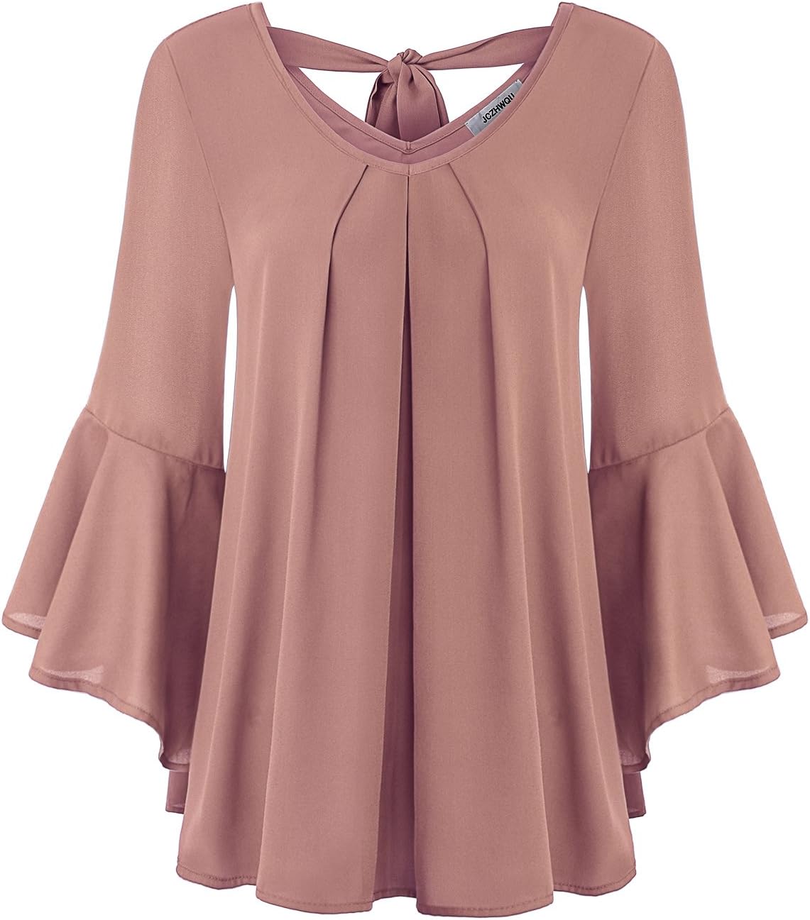 JCZHWQUWomen's Cute V Neck 3/4 Bell Sleeve Pleated Front Chiffon Blouse