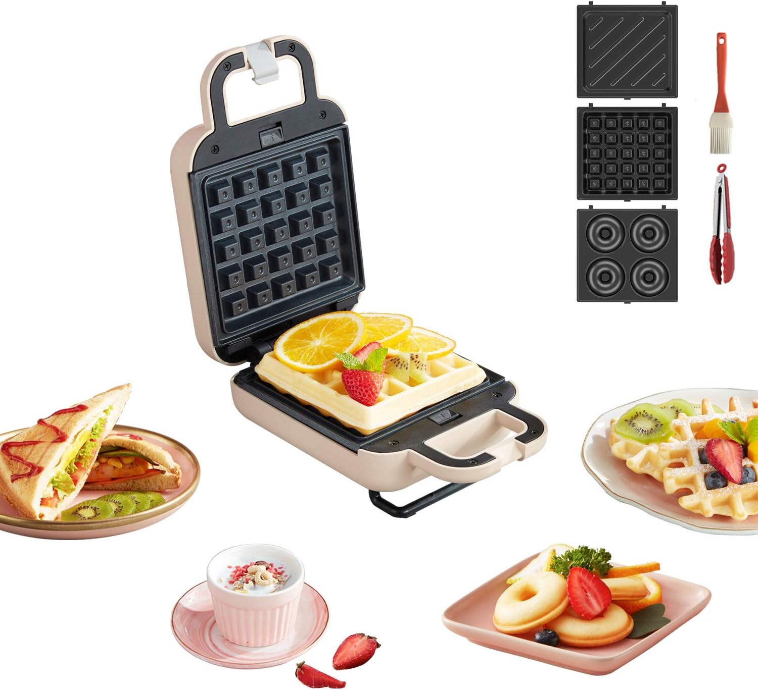LIVEN - Mini Waffle Maker with 3 Shapes Removable Plates (Electric, Non-Stick), Small Chaffles Iron, Breakfast Machine for Belgian, Fried Donut, Hash Browns, Kids/Individual/Home (Pink)