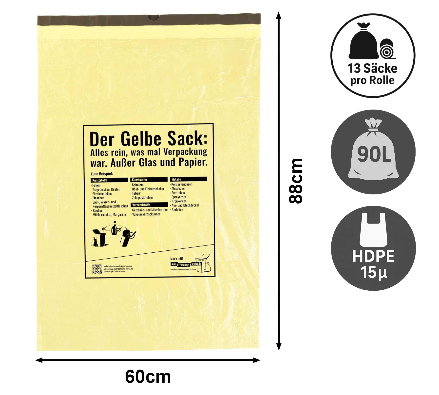 100 Rollen Gelber Sack - Gelbe Säcke 90 Liter HDPE 15µ Müllbeutel 13 Stück pro Rolle, insgesamt 1300 Stück 60x88cm plus 5cm Umschlag mit stabilen Zugband Gelber Sack Wertstoffsack (100 Rollen)